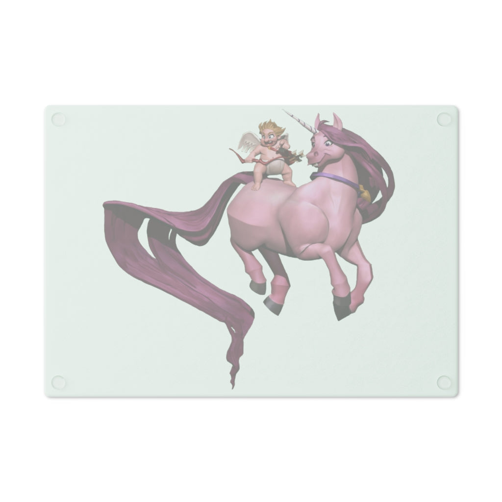 A personalized Baby Cupid and Horse Cutting Board made of tempered glass, featuring a whimsical design and rubber dots for stability.