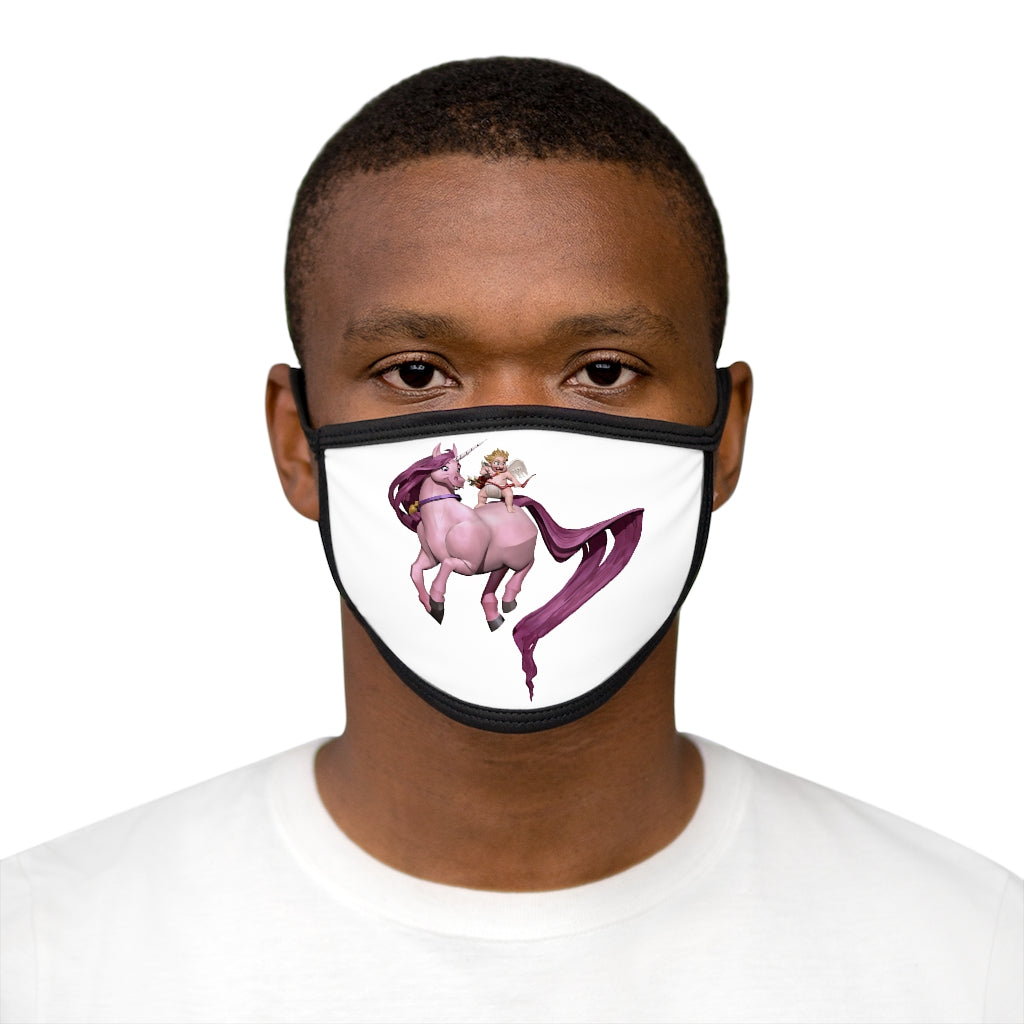 Baby Cupid and Horse Mixed-Fabric Face Mask featuring a playful design with a black outer edge and earloops.