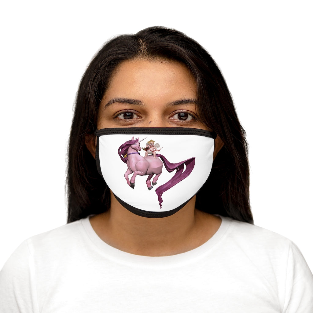 Baby Cupid and Horse Mixed-Fabric Face Mask featuring a playful design with a black outer edge and earloops.