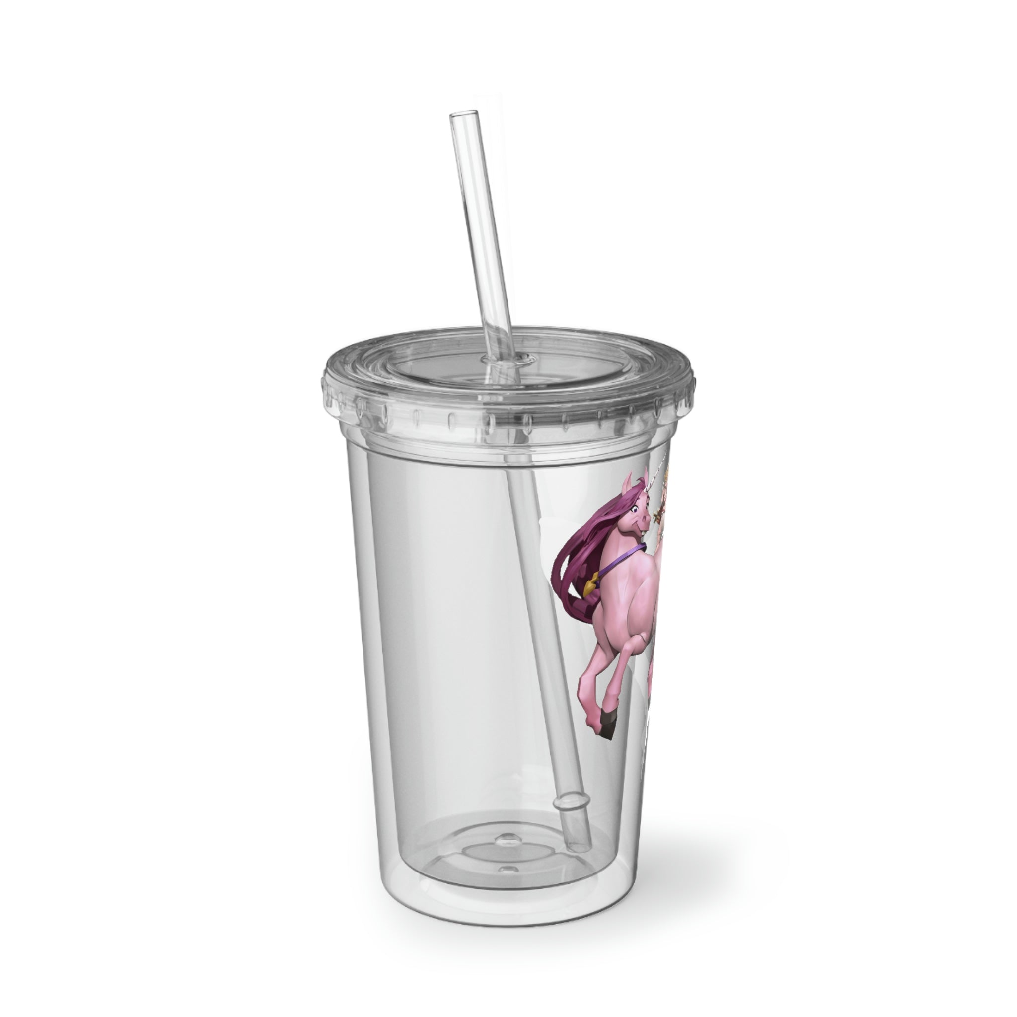 Baby Cupid and Horse Suave Acrylic Cup with double-wall insulation, featuring a vibrant design and a plastic lid with straw.