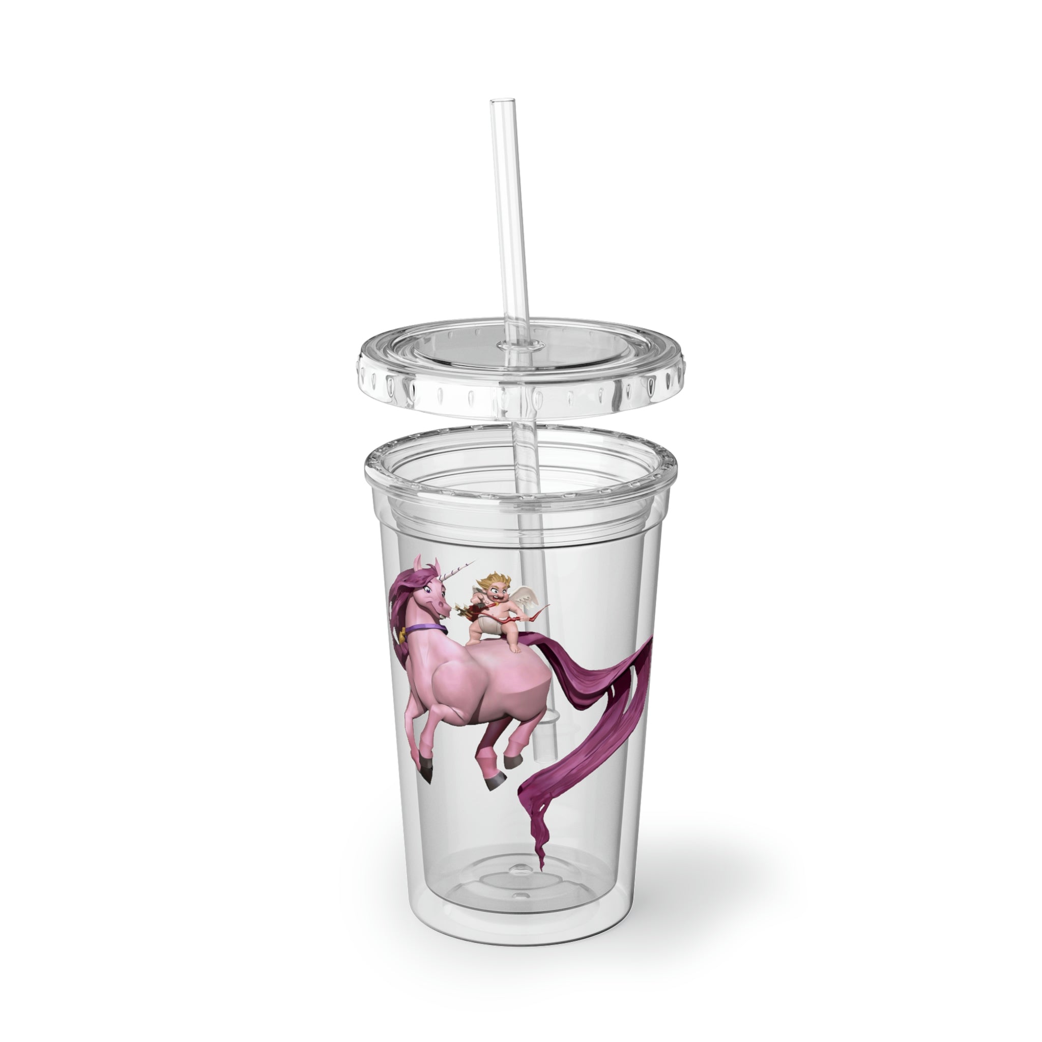 Baby Cupid and Horse Suave Acrylic Cup with double-wall insulation, featuring a vibrant design and a plastic lid with straw.