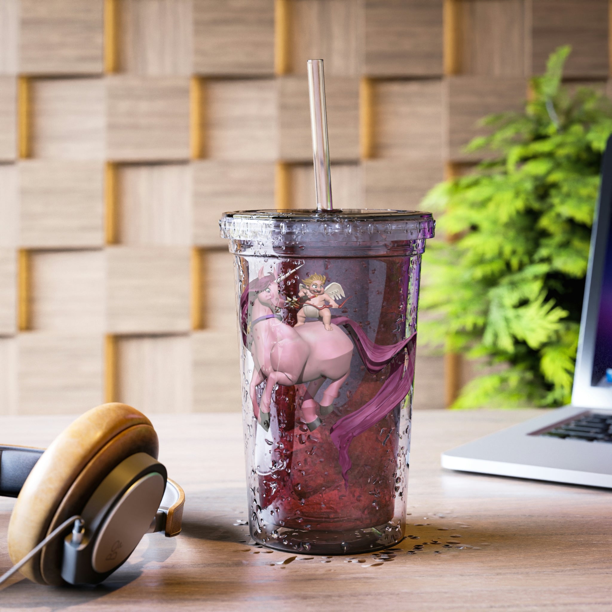 Baby Cupid and Horse Suave Acrylic Cup with double-wall insulation, featuring a vibrant design and a plastic lid with straw.