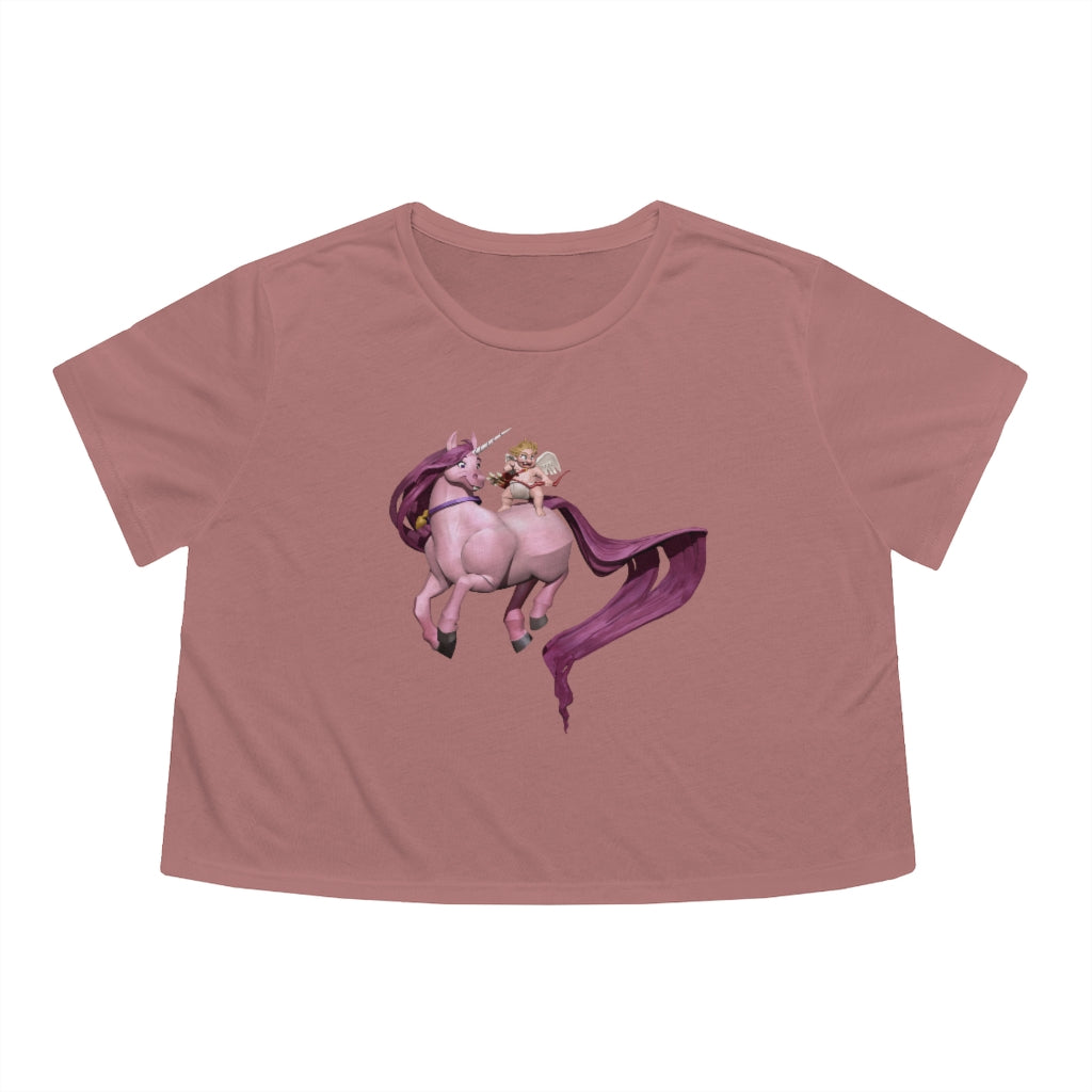 A stylish Baby Cupid and Horse Women's Flowy Cropped Tee featuring a soft fabric blend and a modest crop design, perfect for personalized fashion.