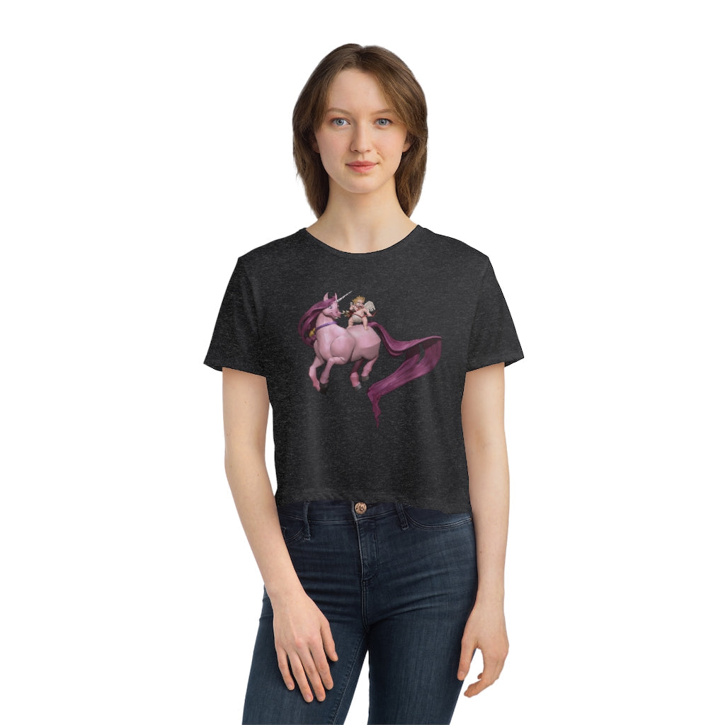 A stylish Baby Cupid and Horse Women's Flowy Cropped Tee featuring a soft fabric blend and a modest crop design, perfect for personalized fashion.