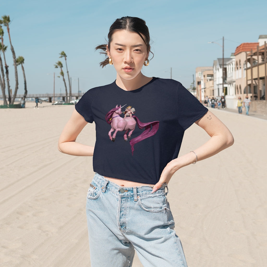 A stylish Baby Cupid and Horse Women's Flowy Cropped Tee featuring a soft fabric blend and a modest crop design, perfect for personalized fashion.