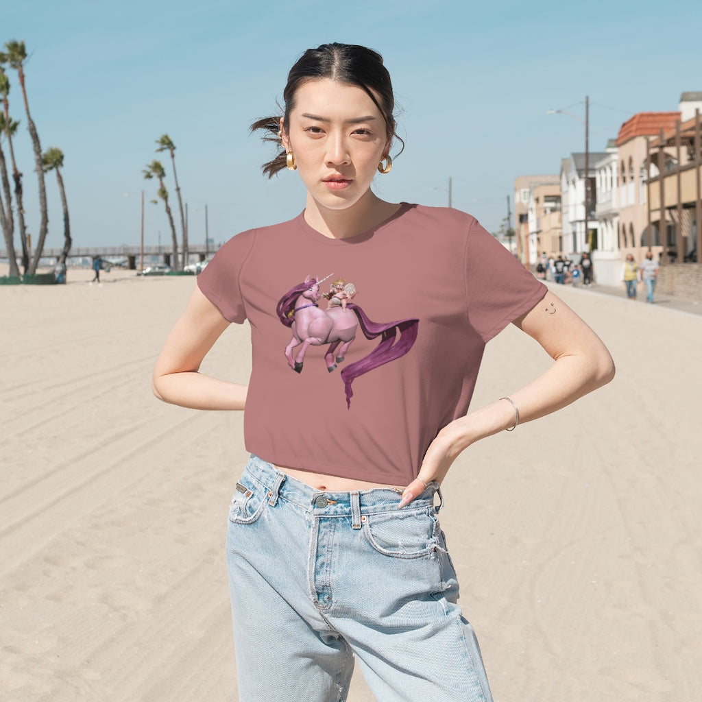 A stylish Baby Cupid and Horse Women's Flowy Cropped Tee featuring a soft fabric blend and a modest crop design, perfect for personalized fashion.