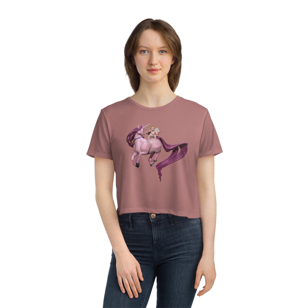 A stylish Baby Cupid and Horse Women's Flowy Cropped Tee featuring a soft fabric blend and a modest crop design, perfect for personalized fashion.