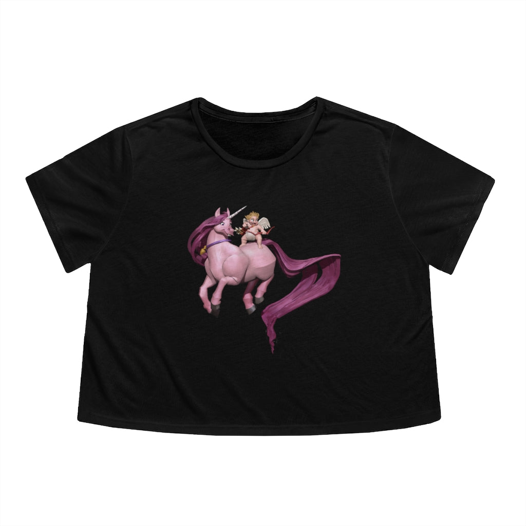 A stylish Baby Cupid and Horse Women's Flowy Cropped Tee featuring a soft fabric blend and a modest crop design, perfect for personalized fashion.