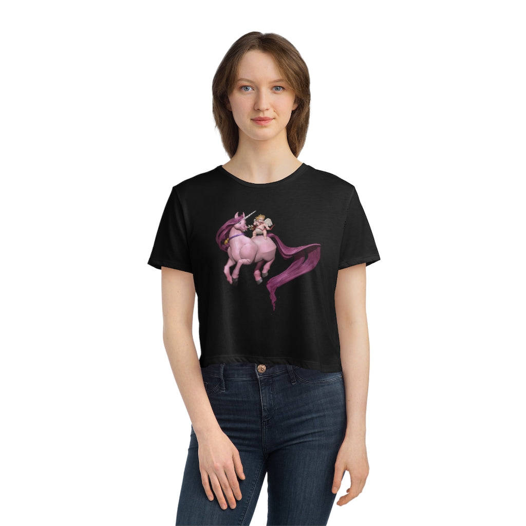 A stylish Baby Cupid and Horse Women's Flowy Cropped Tee featuring a soft fabric blend and a modest crop design, perfect for personalized fashion.