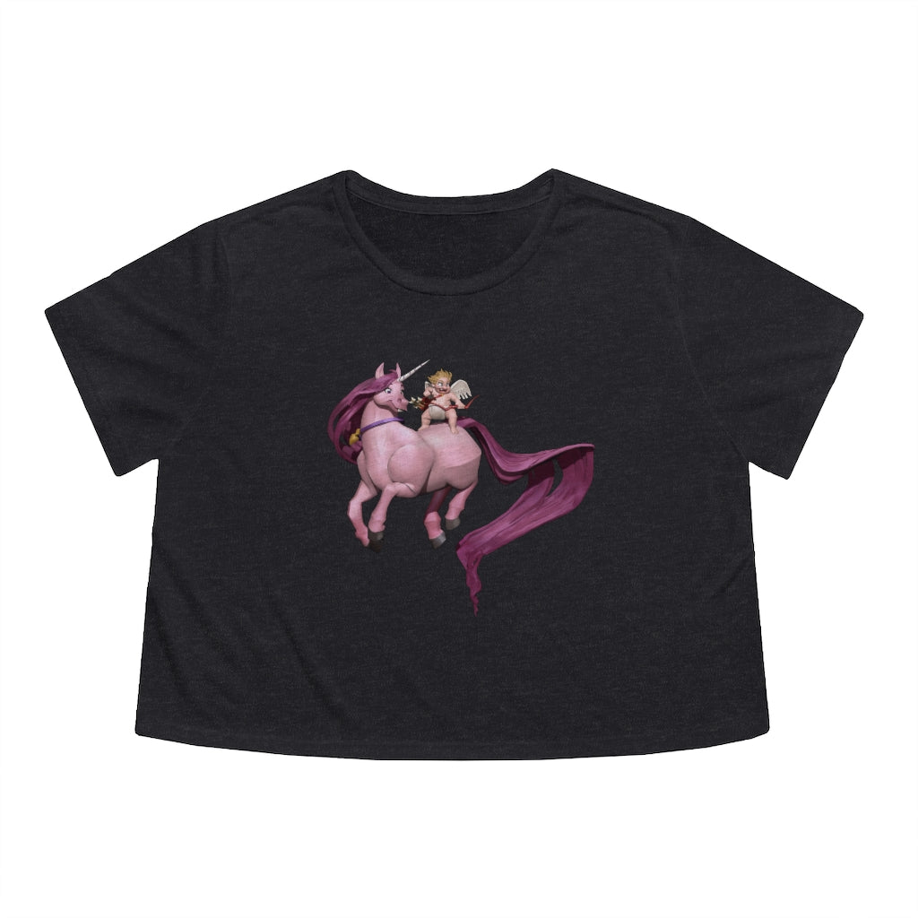 A stylish Baby Cupid and Horse Women's Flowy Cropped Tee featuring a soft fabric blend and a modest crop design, perfect for personalized fashion.