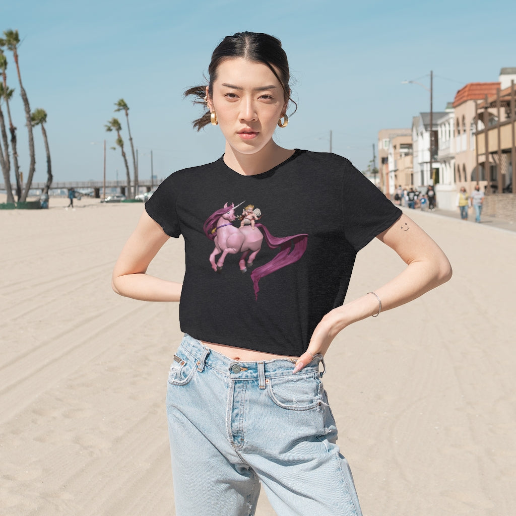 A stylish Baby Cupid and Horse Women's Flowy Cropped Tee featuring a soft fabric blend and a modest crop design, perfect for personalized fashion.