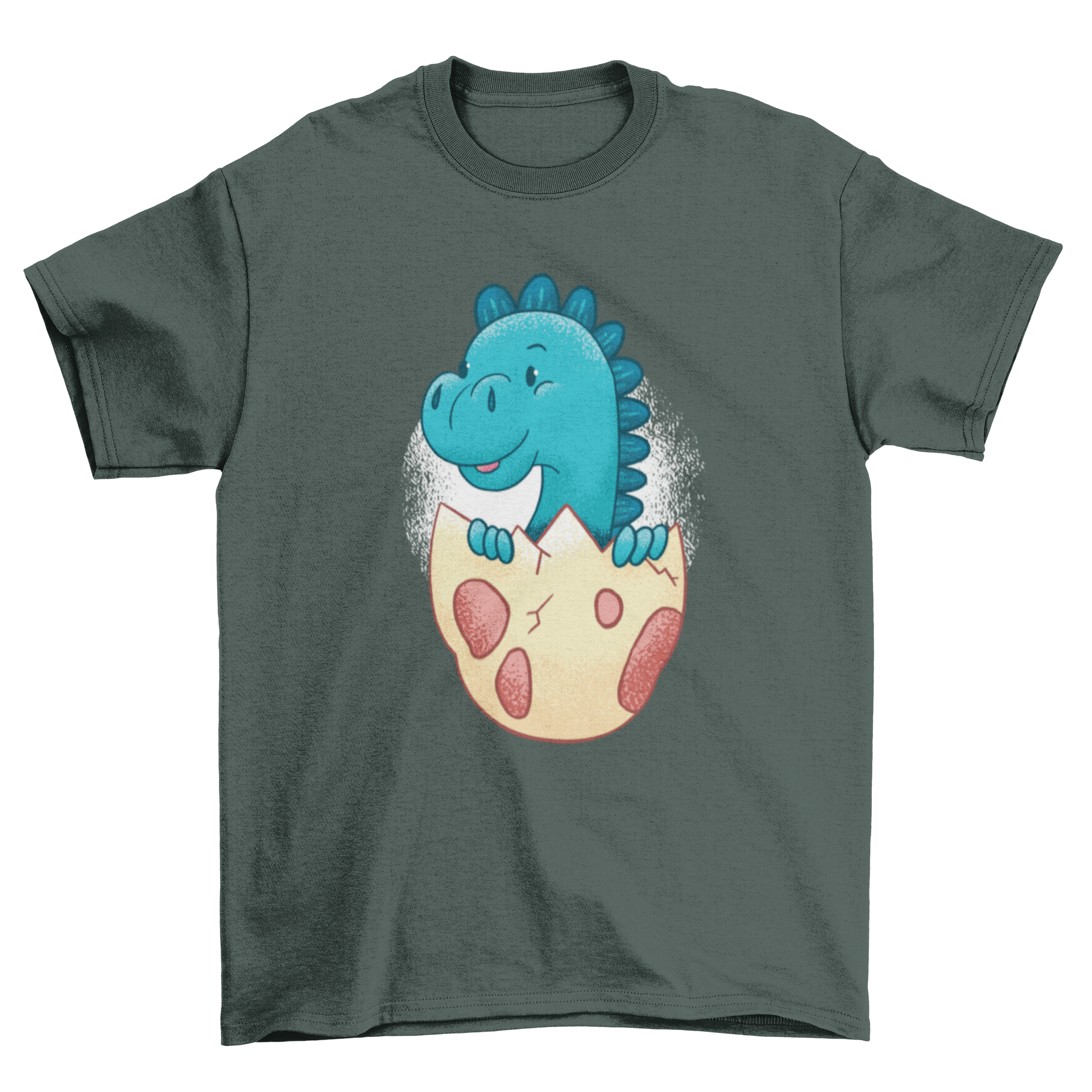 A cute Baby Dinosaur hatching from an egg on a soft T-shirt, perfect for kids.