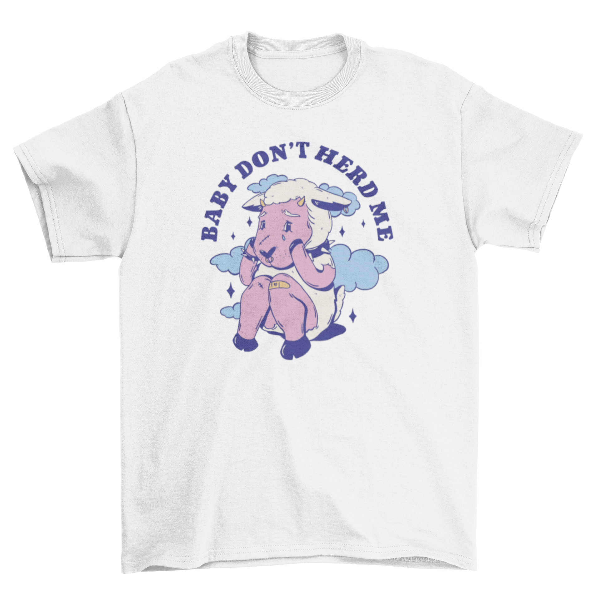 A vegan t-shirt featuring a crying sheep and the quote 'Baby don't herd me', perfect for animal lovers.