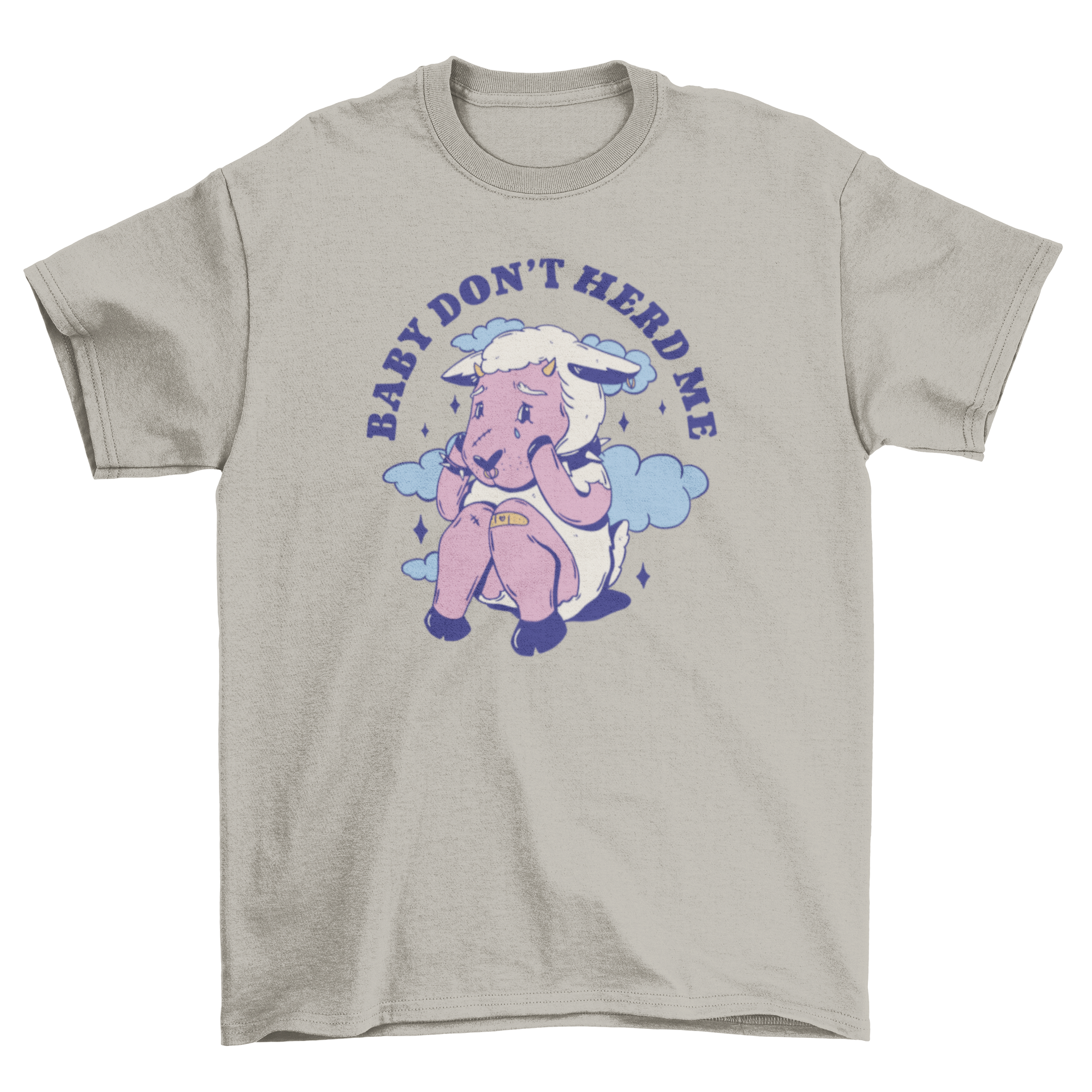 A vegan t-shirt featuring a crying sheep and the quote 'Baby don't herd me', perfect for animal lovers.