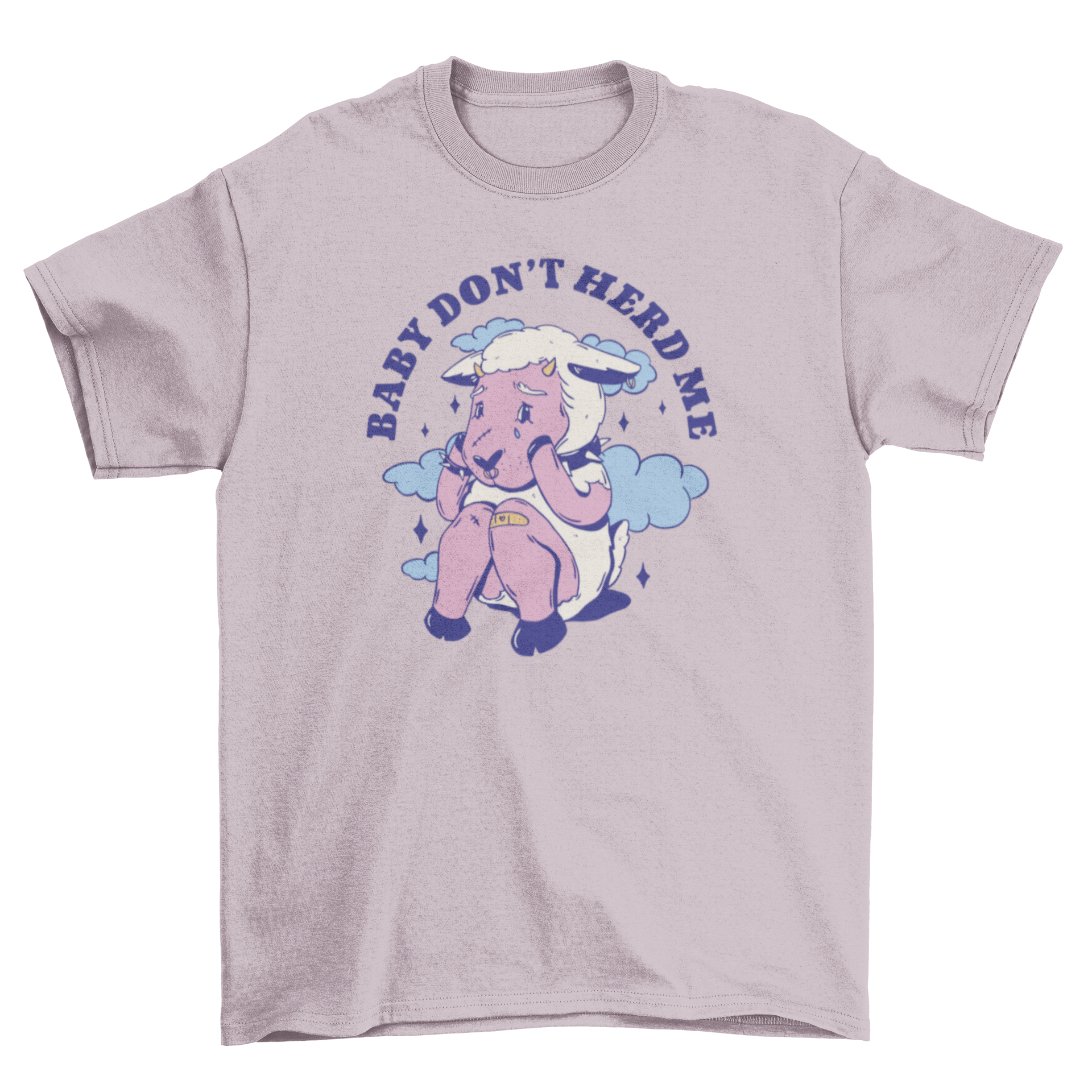 A vegan t-shirt featuring a crying sheep and the quote 'Baby don't herd me', perfect for animal lovers.