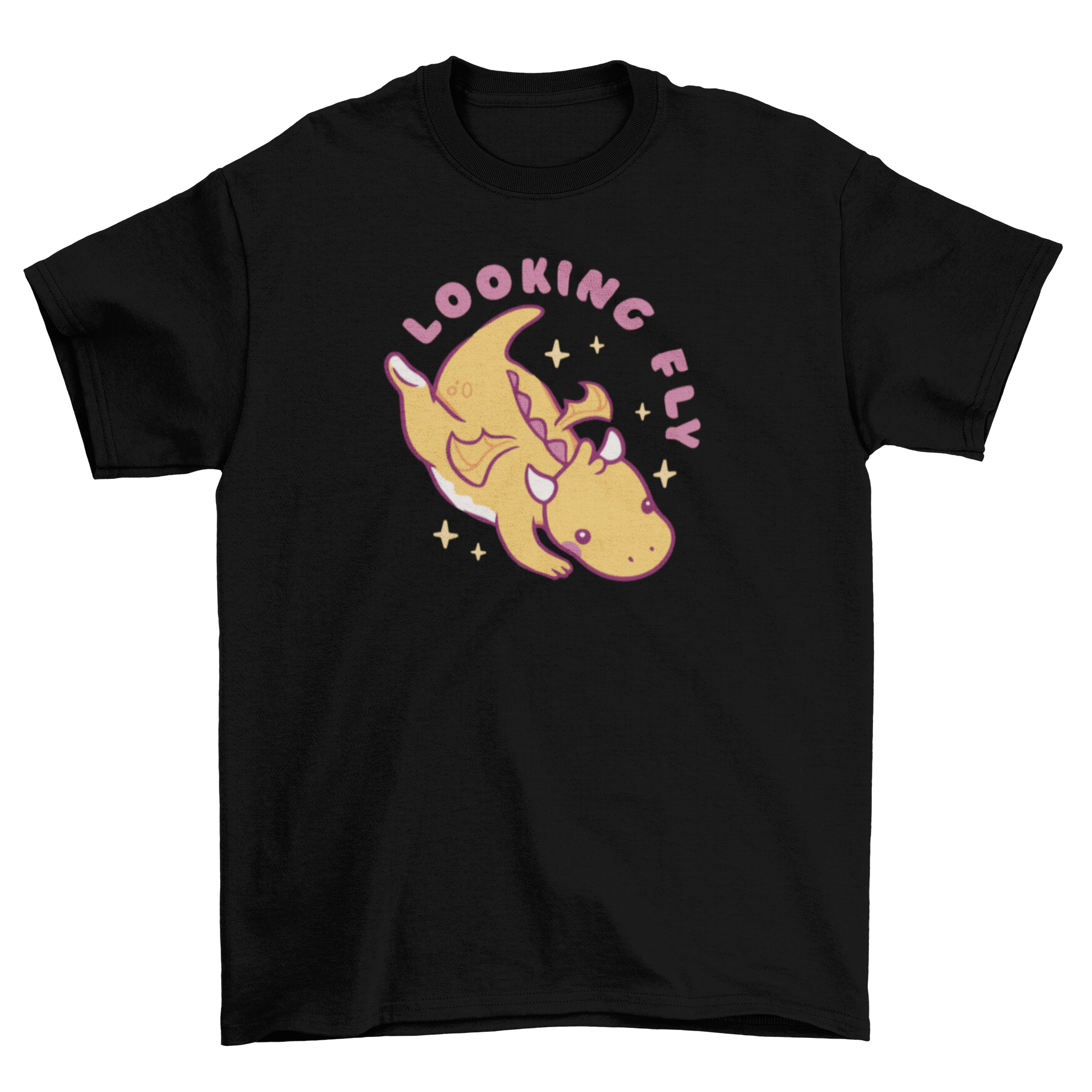 A cute baby dragon graphic on a t-shirt with the quote 'Looking fly'.