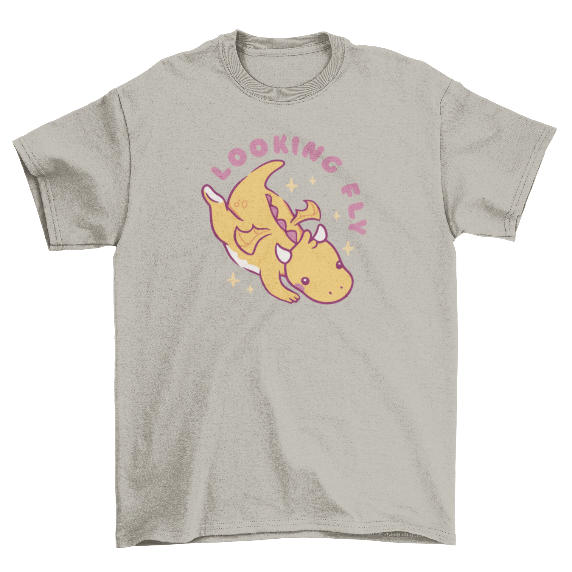 A cute baby dragon graphic on a t-shirt with the quote 'Looking fly'.