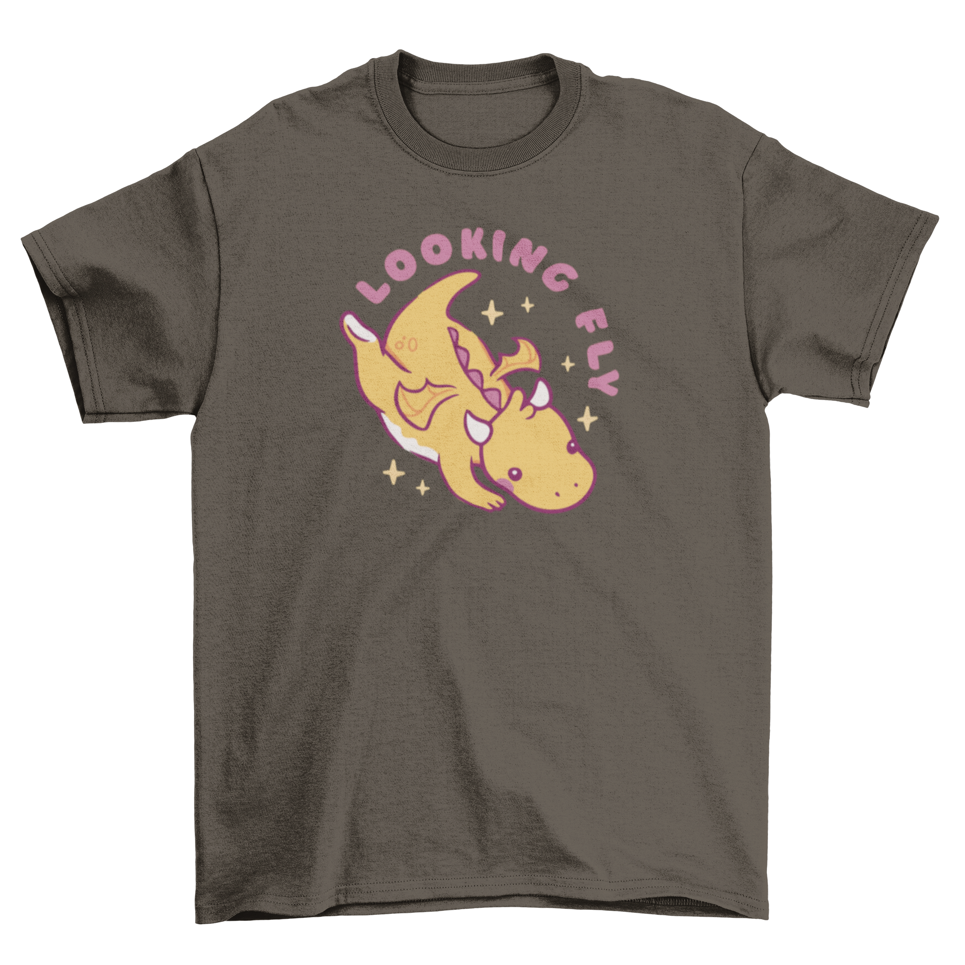 A cute baby dragon graphic on a t-shirt with the quote 'Looking fly'.