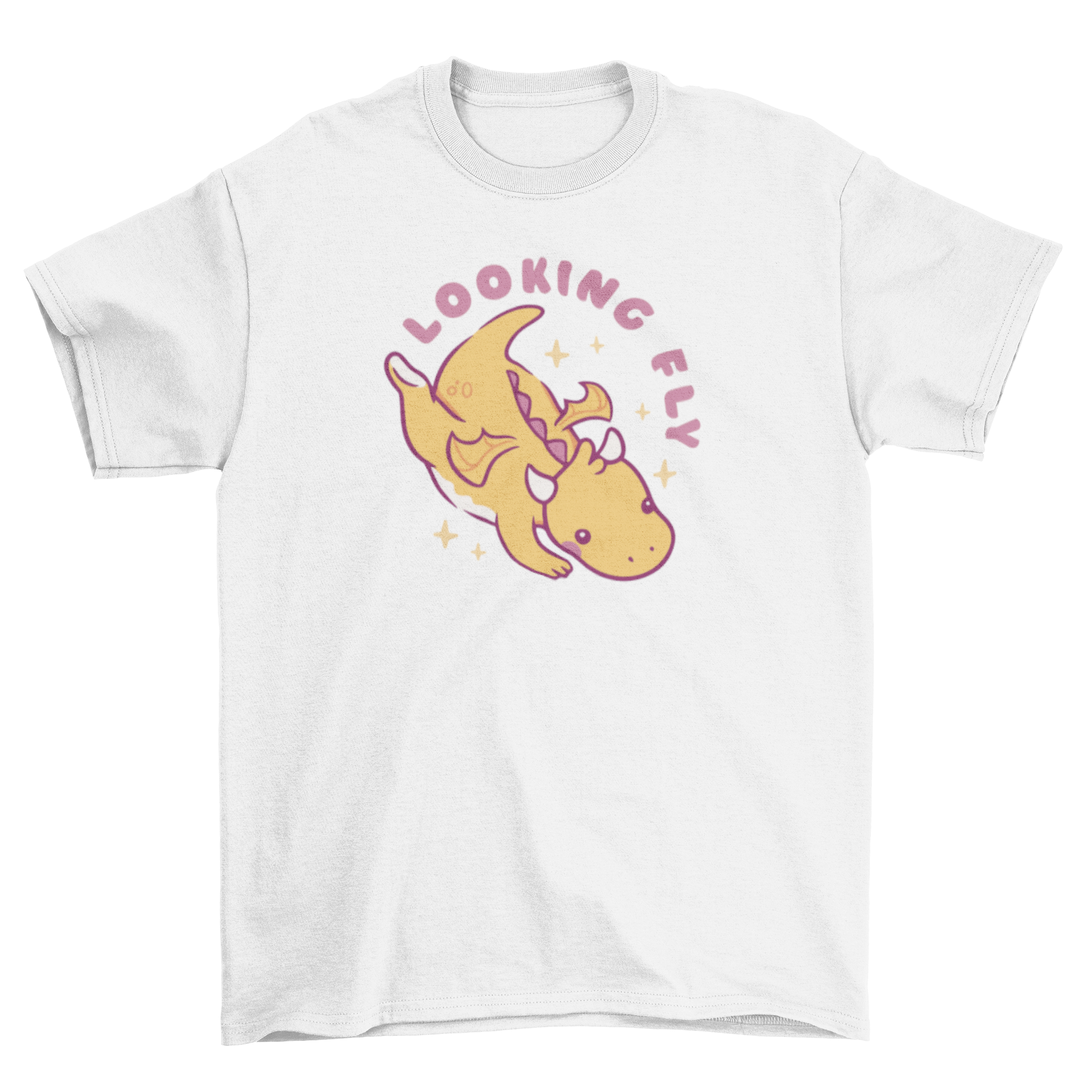 A cute baby dragon graphic on a t-shirt with the quote 'Looking fly'.