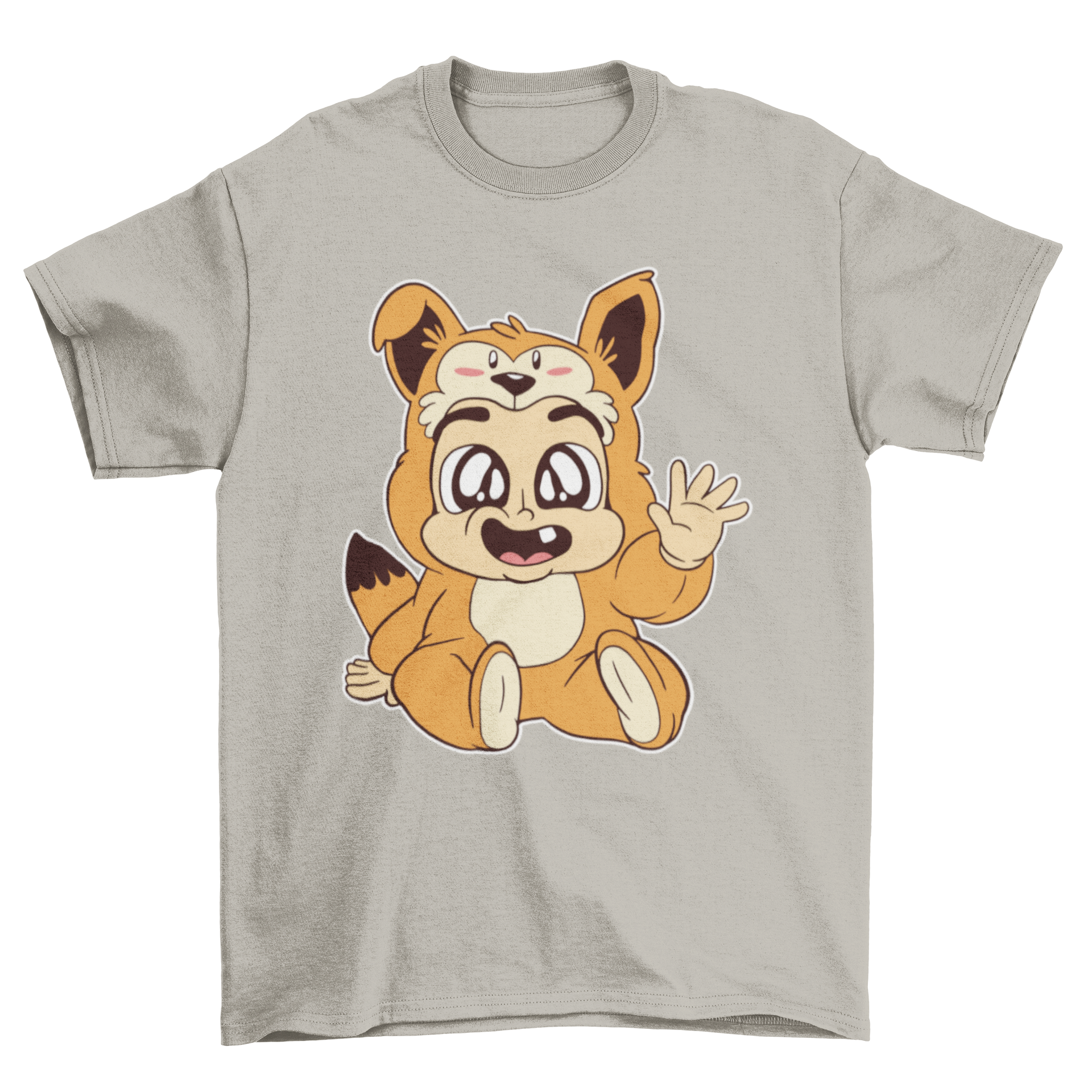 A cute baby fox t-shirt featuring a cartoon of a toddler in a fox onesie, perfect for young children.