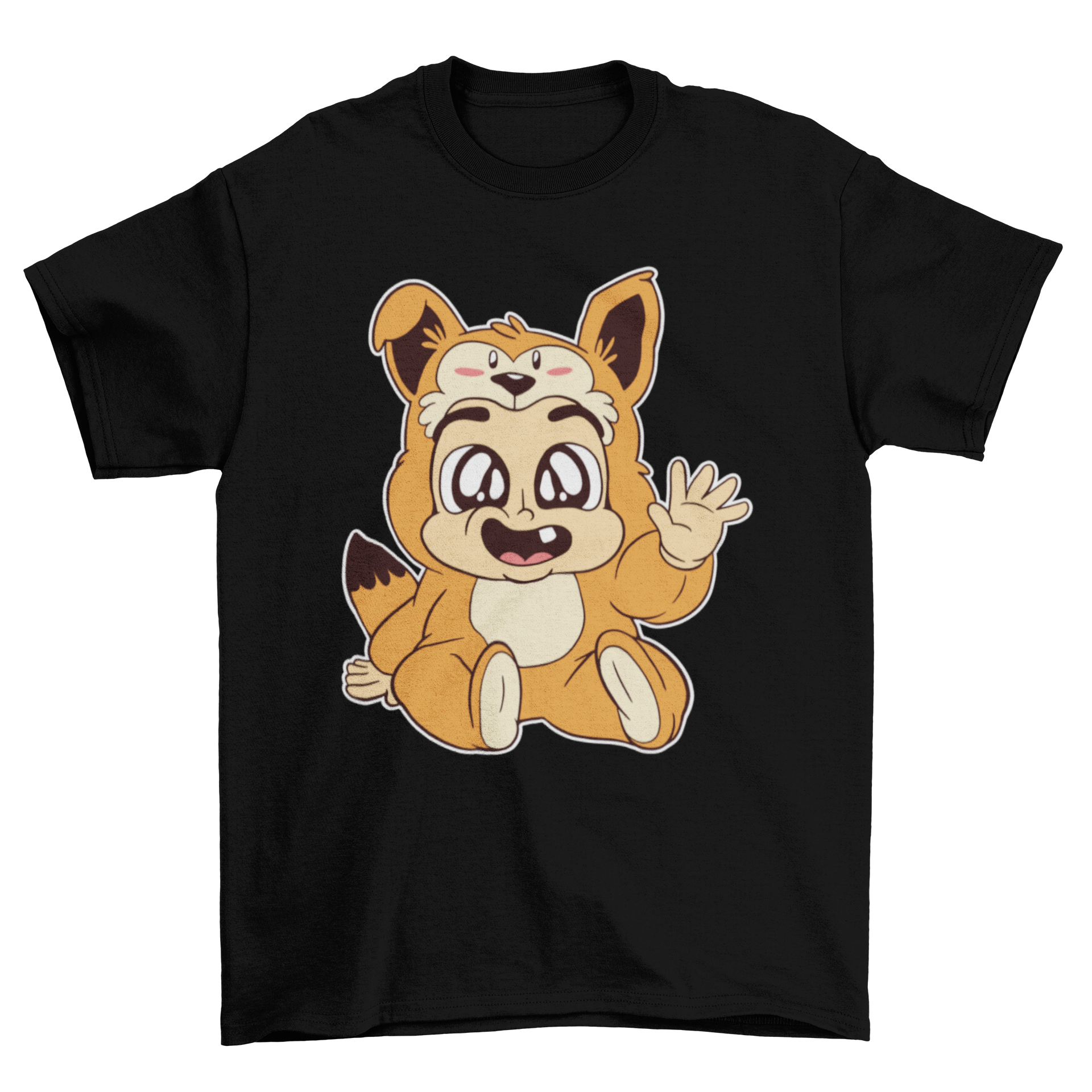 A cute baby fox t-shirt featuring a cartoon of a toddler in a fox onesie, perfect for young children.