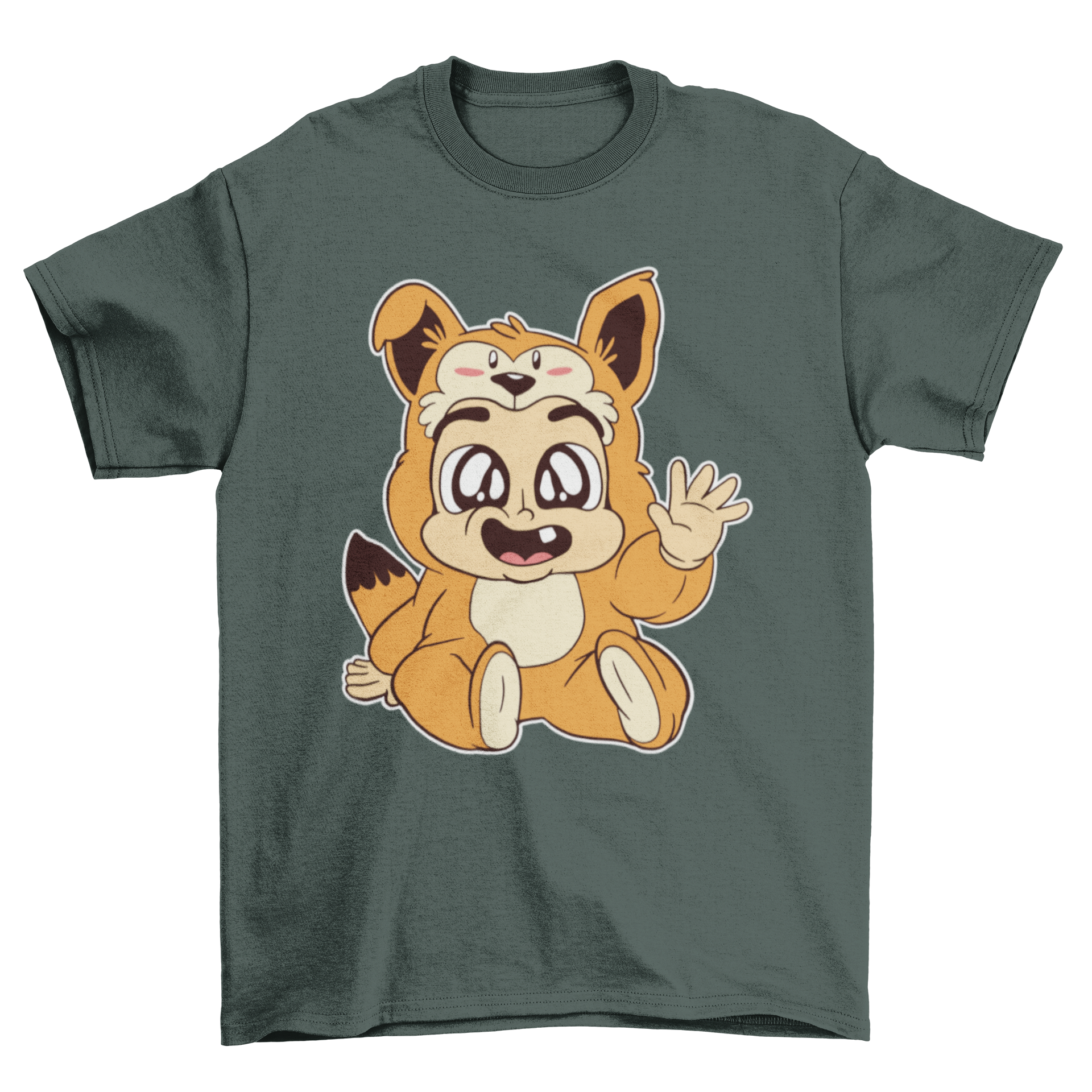 A cute baby fox t-shirt featuring a cartoon of a toddler in a fox onesie, perfect for young children.