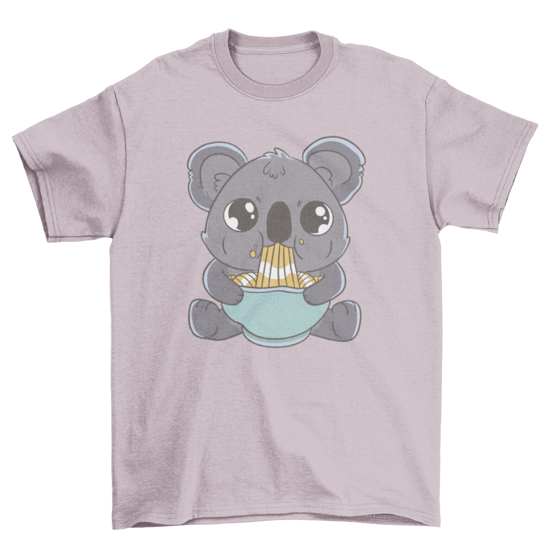 A cute baby koala happily eating ramen noodles on a t-shirt.