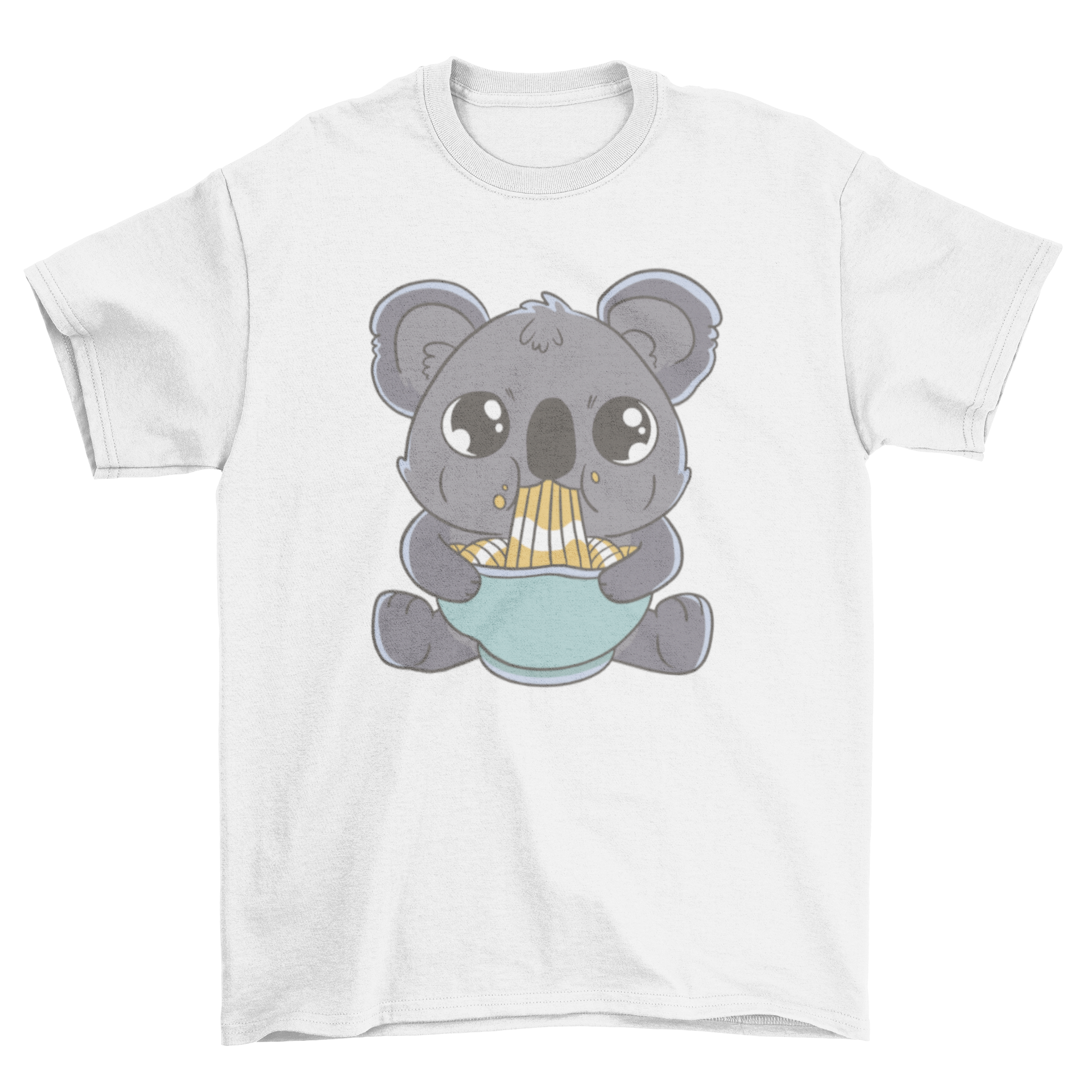 A cute baby koala happily eating ramen noodles on a t-shirt.