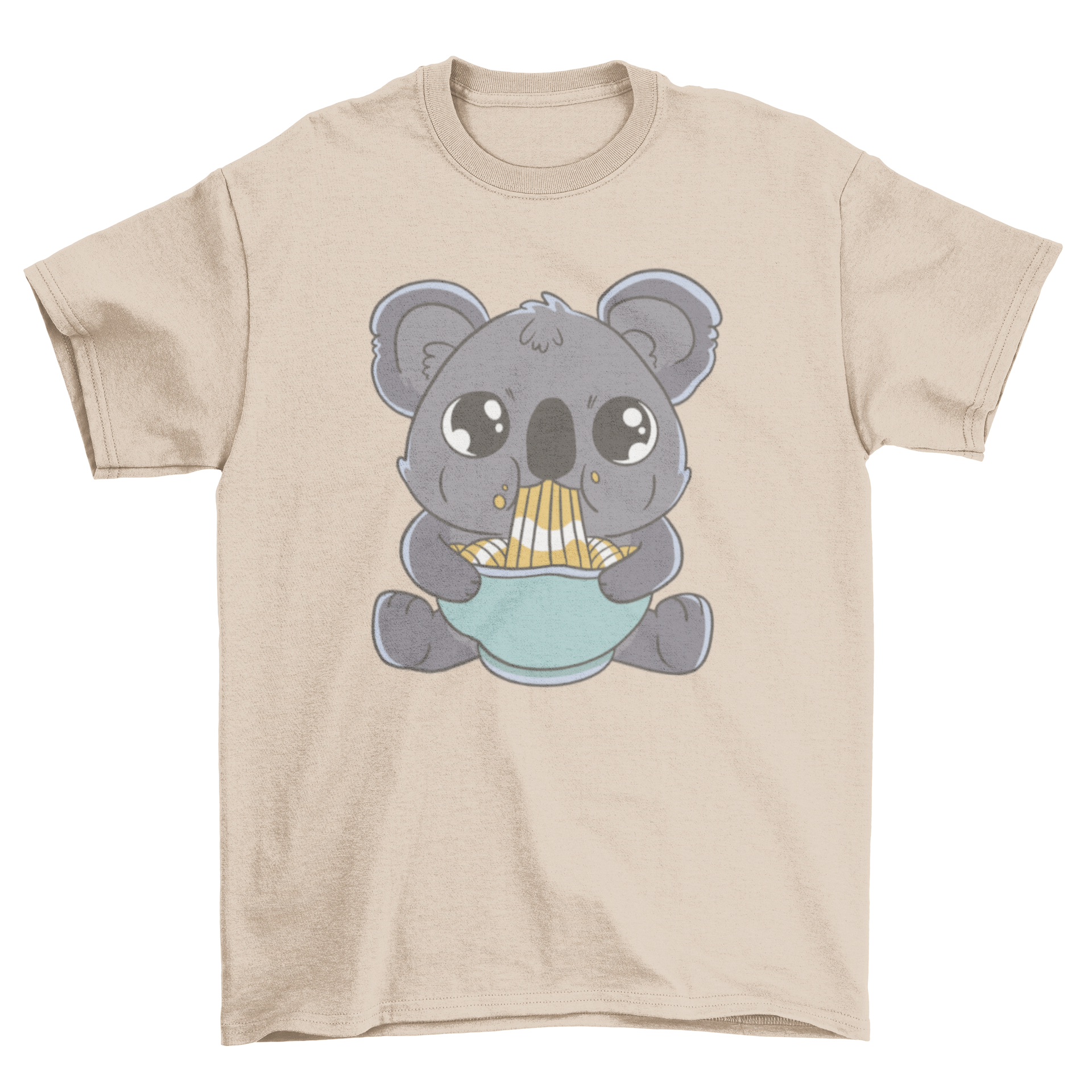 A cute baby koala happily eating ramen noodles on a t-shirt.