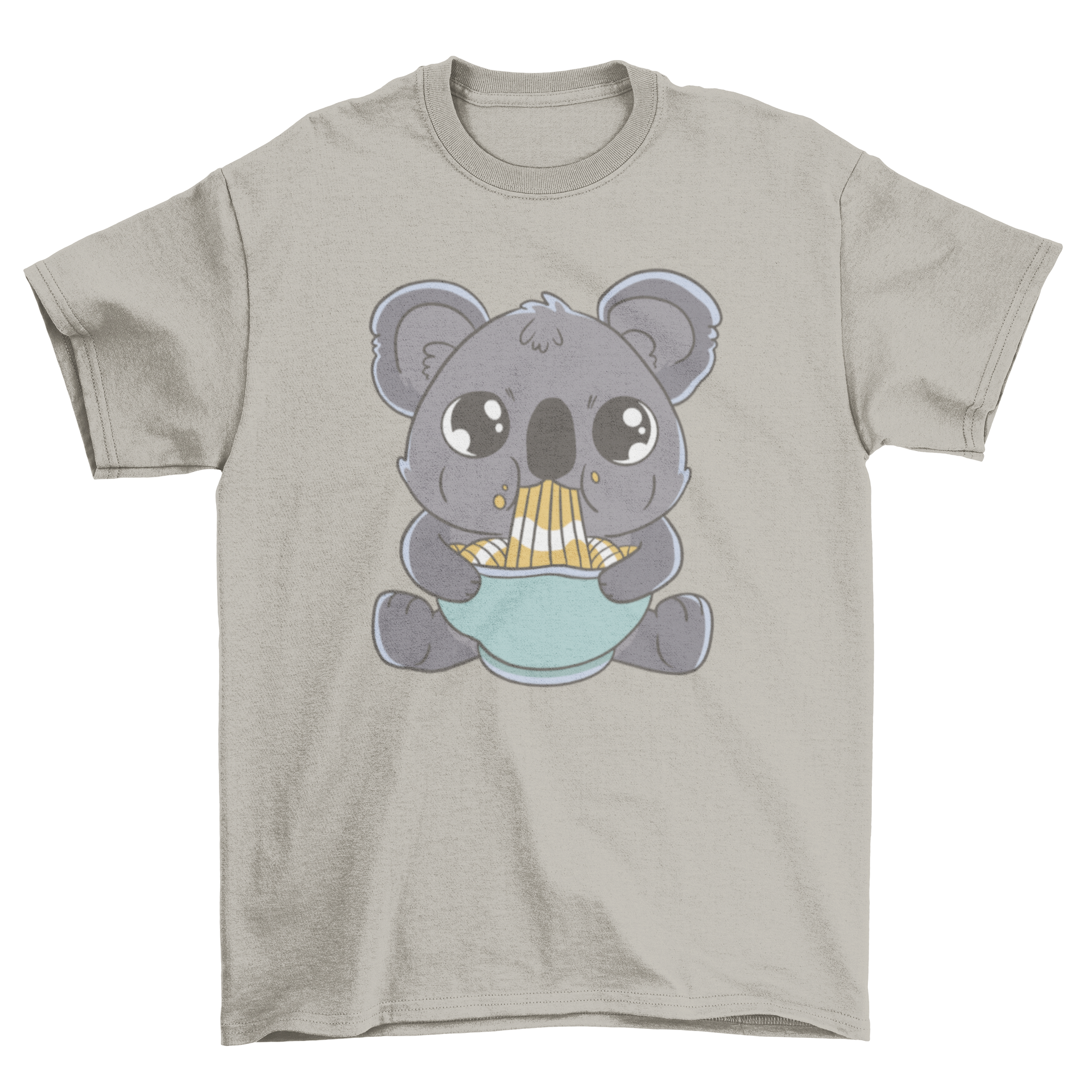 A cute baby koala happily eating ramen noodles on a t-shirt.