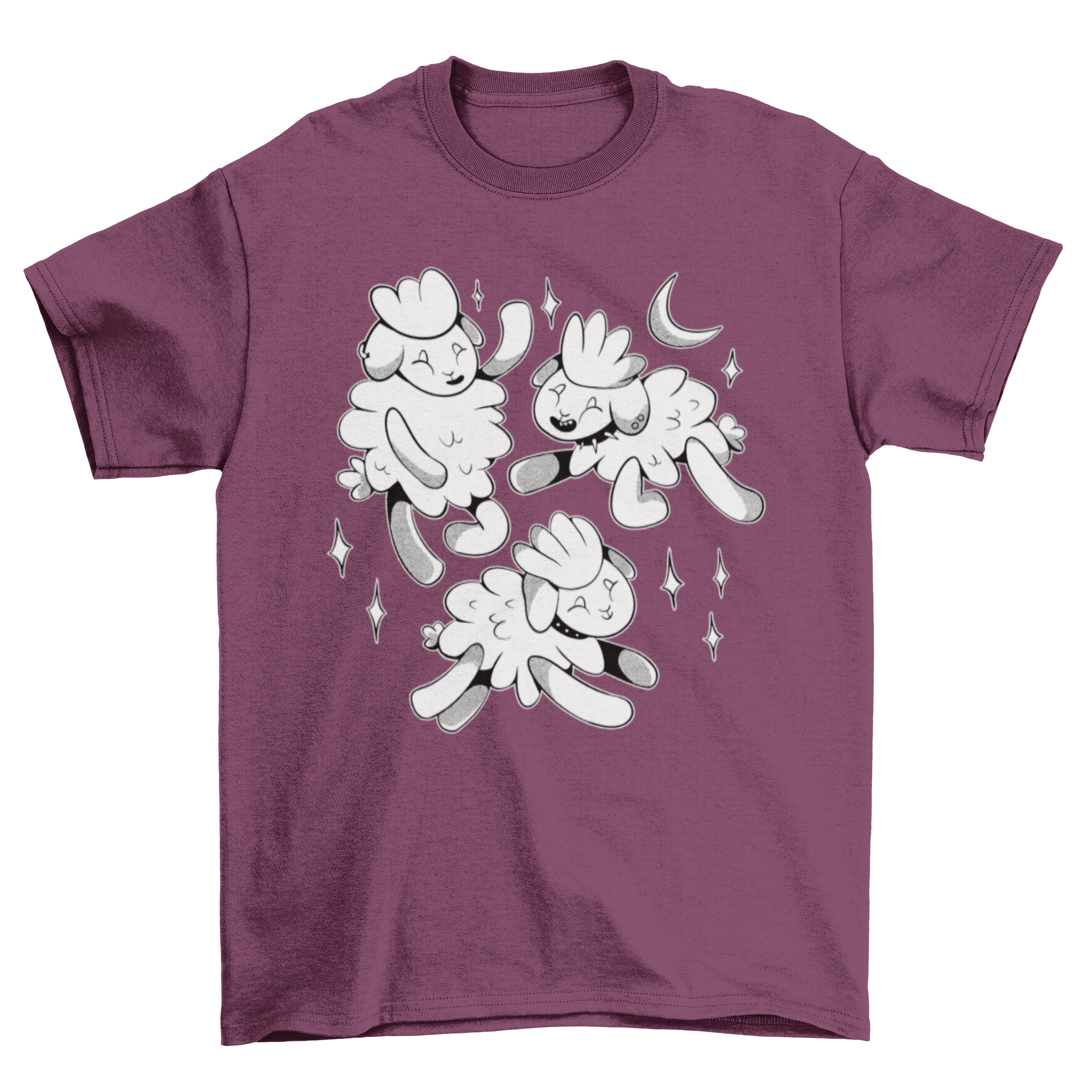 A gothic t-shirt featuring three cute baby lambs playing together at night under a starry sky.