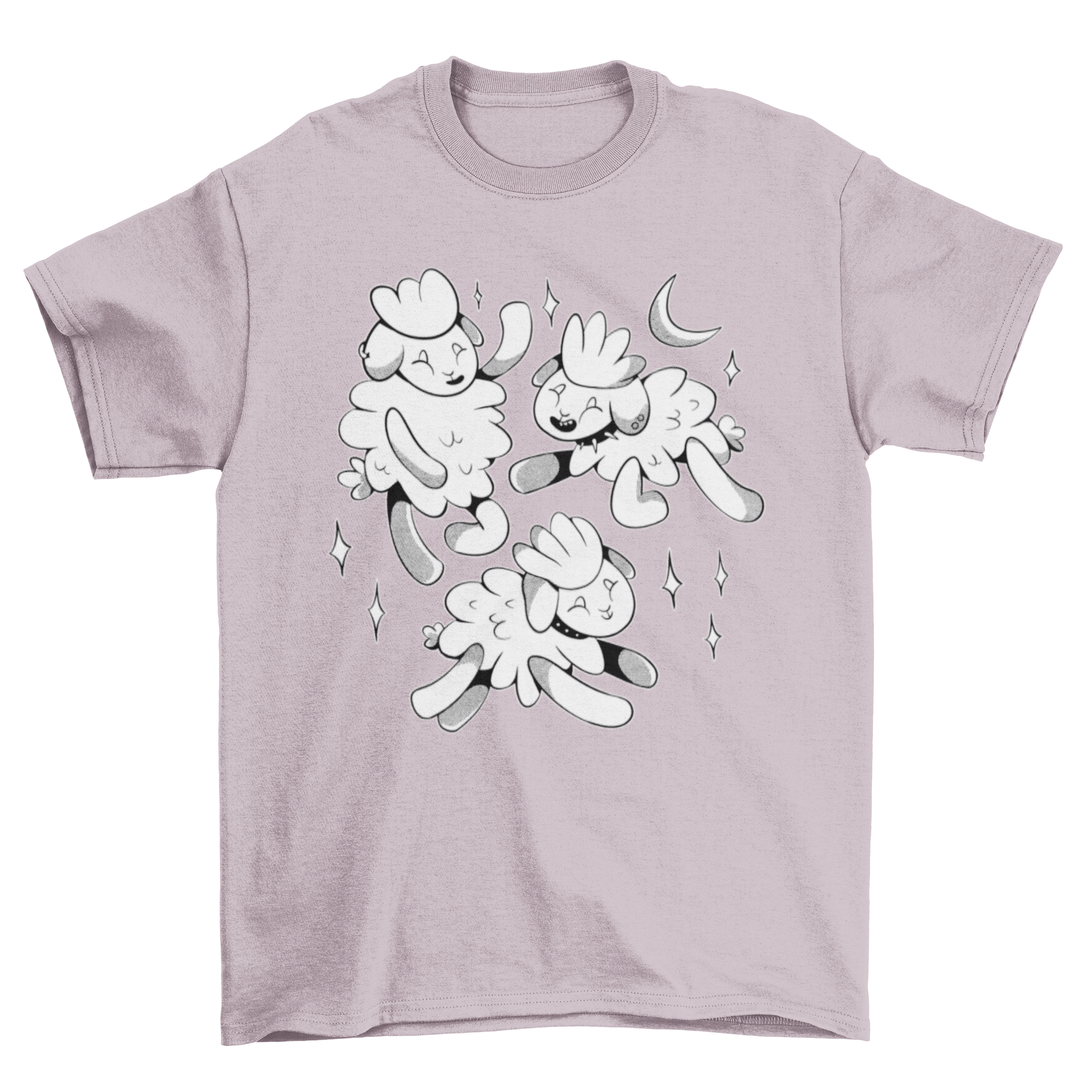 A gothic t-shirt featuring three cute baby lambs playing together at night under a starry sky.