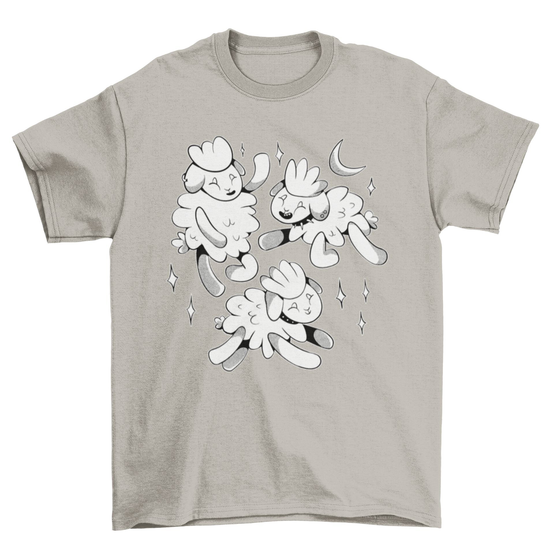 A gothic t-shirt featuring three cute baby lambs playing together at night under a starry sky.