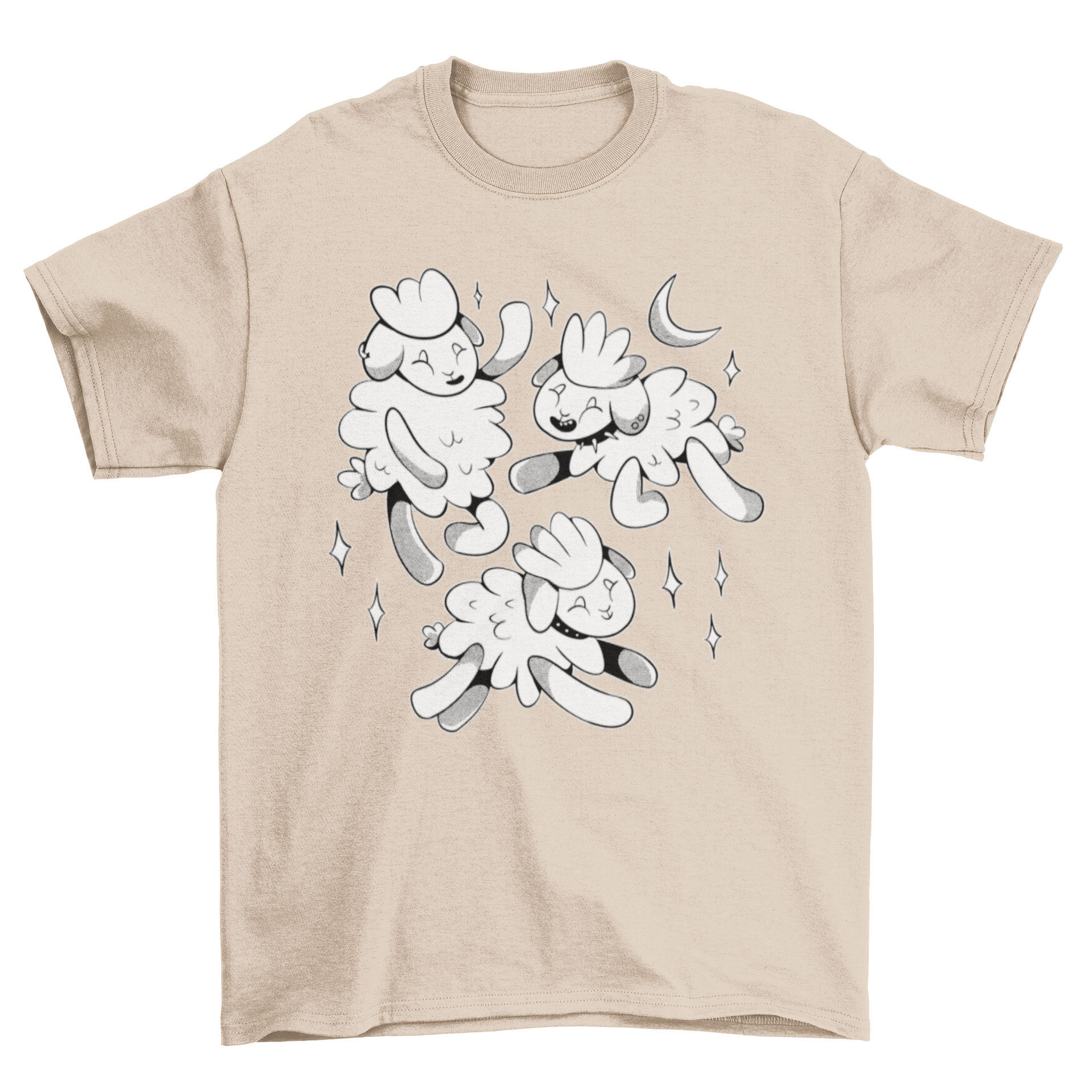 A gothic t-shirt featuring three cute baby lambs playing together at night under a starry sky.