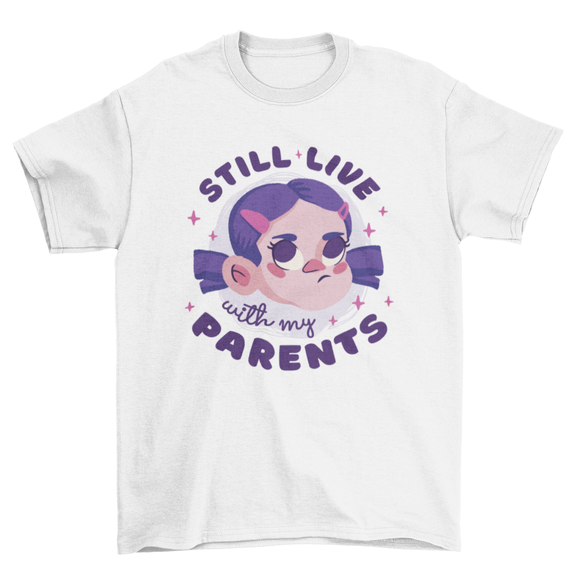 A cute t-shirt featuring a cartoon girl with the quote 'Still live with my parents', perfect for babies and toddlers.