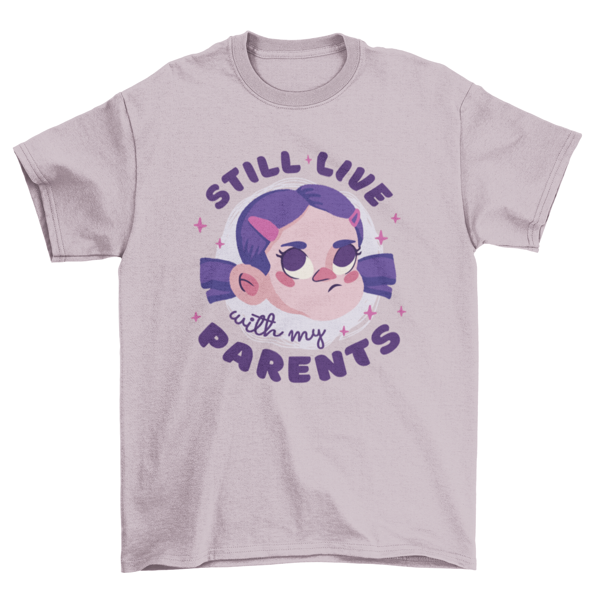 A cute t-shirt featuring a cartoon girl with the quote 'Still live with my parents', perfect for babies and toddlers.