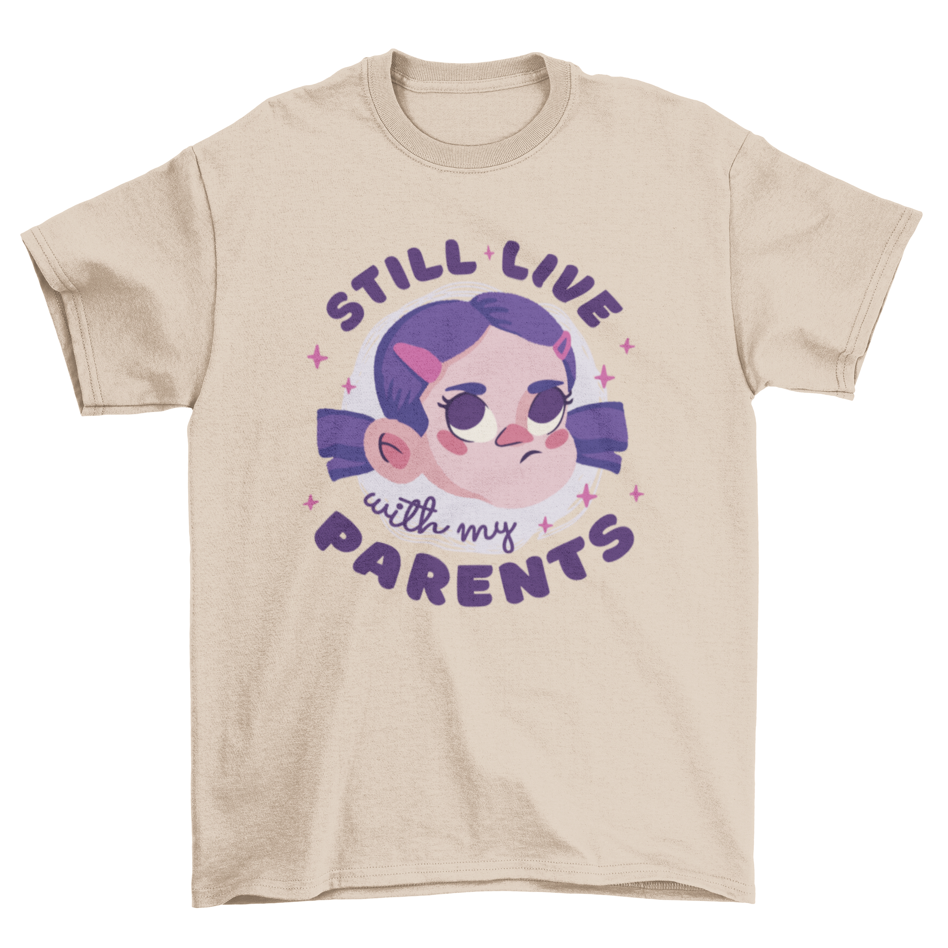 A cute t-shirt featuring a cartoon girl with the quote 'Still live with my parents', perfect for babies and toddlers.