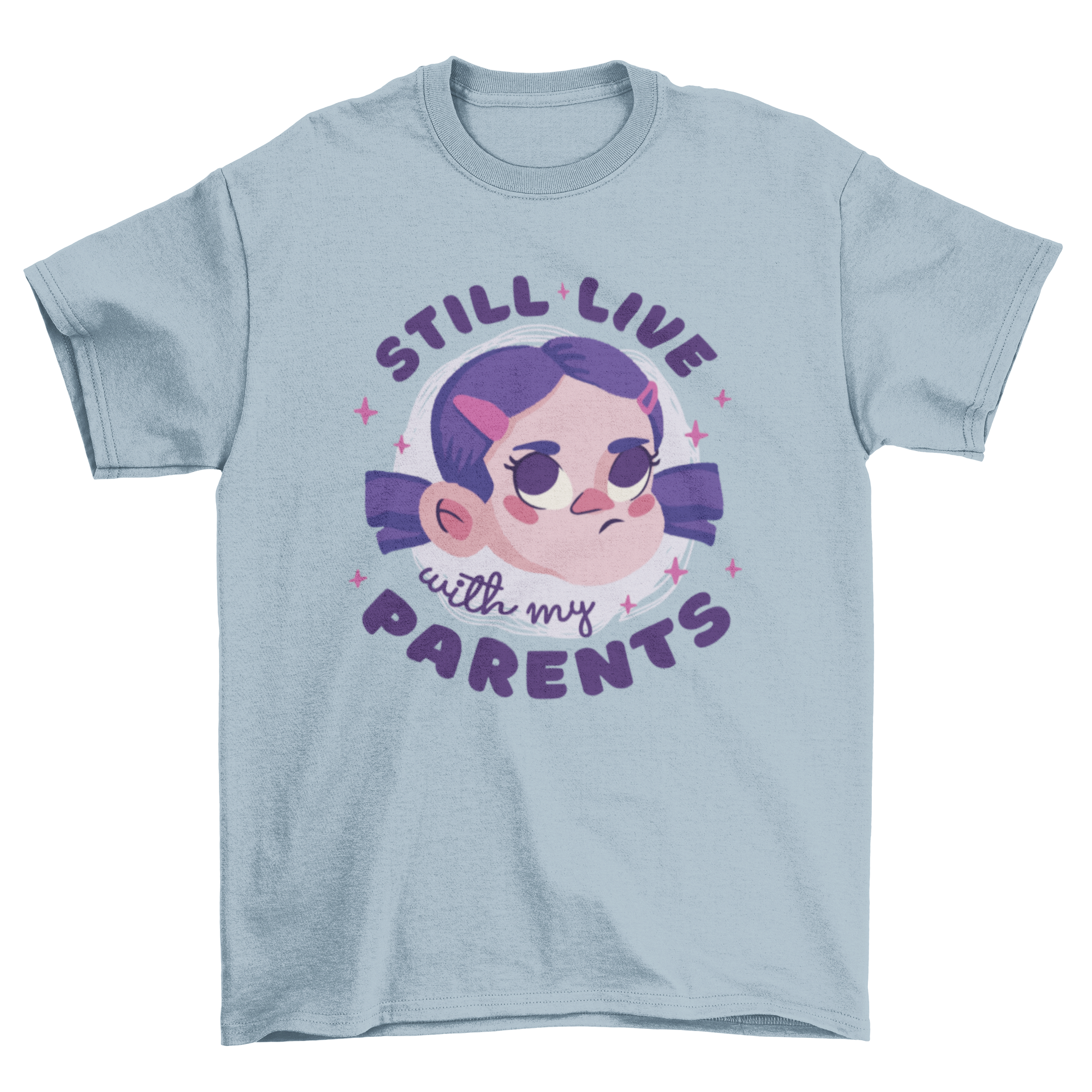 A cute t-shirt featuring a cartoon girl with the quote 'Still live with my parents', perfect for babies and toddlers.