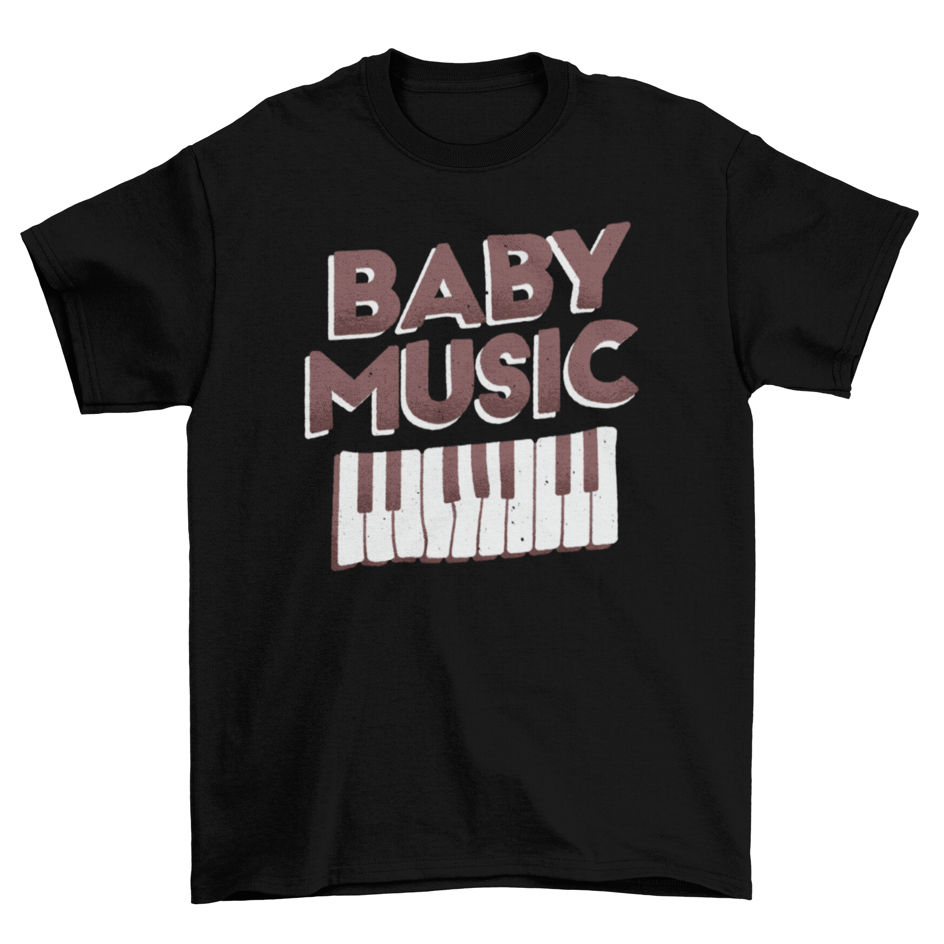 A stylish t-shirt featuring the quote 'Baby music' with a piano design, perfect for music lovers.