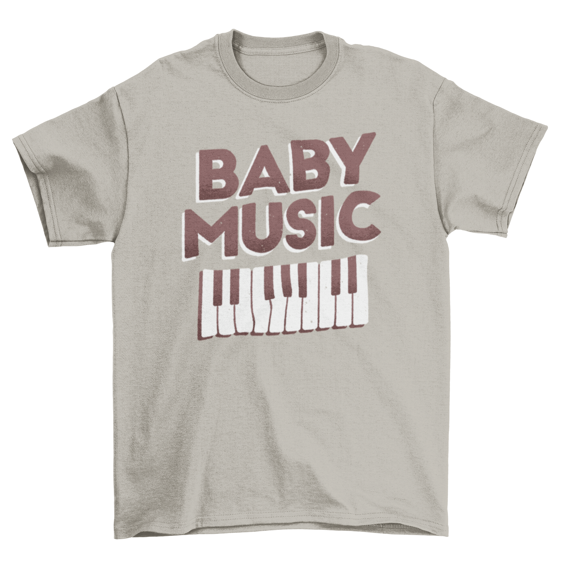 A stylish t-shirt featuring the quote 'Baby music' with a piano design, perfect for music lovers.