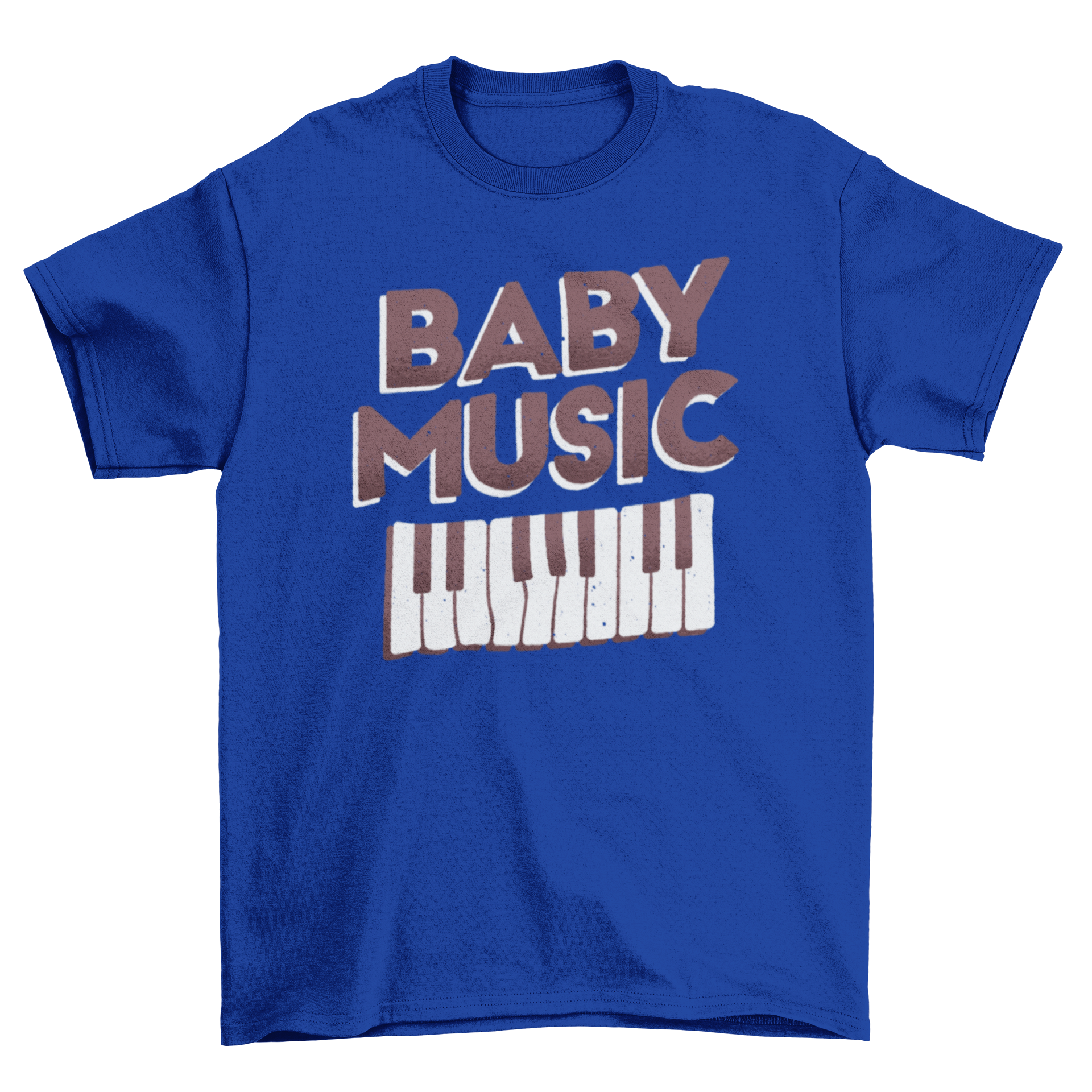 A stylish t-shirt featuring the quote 'Baby music' with a piano design, perfect for music lovers.