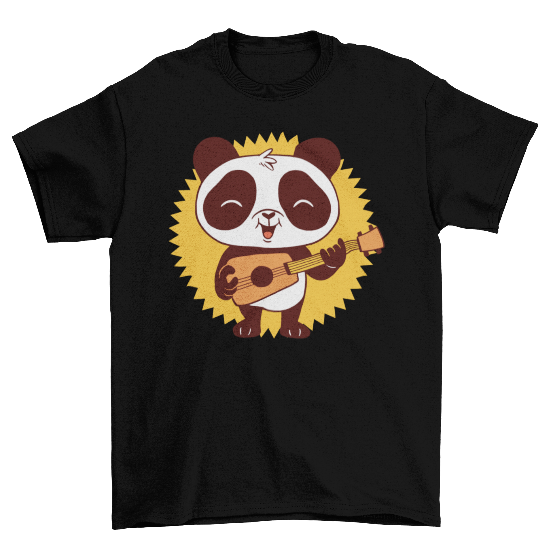 A cute baby panda playing guitar on a soft t-shirt, perfect for kids.