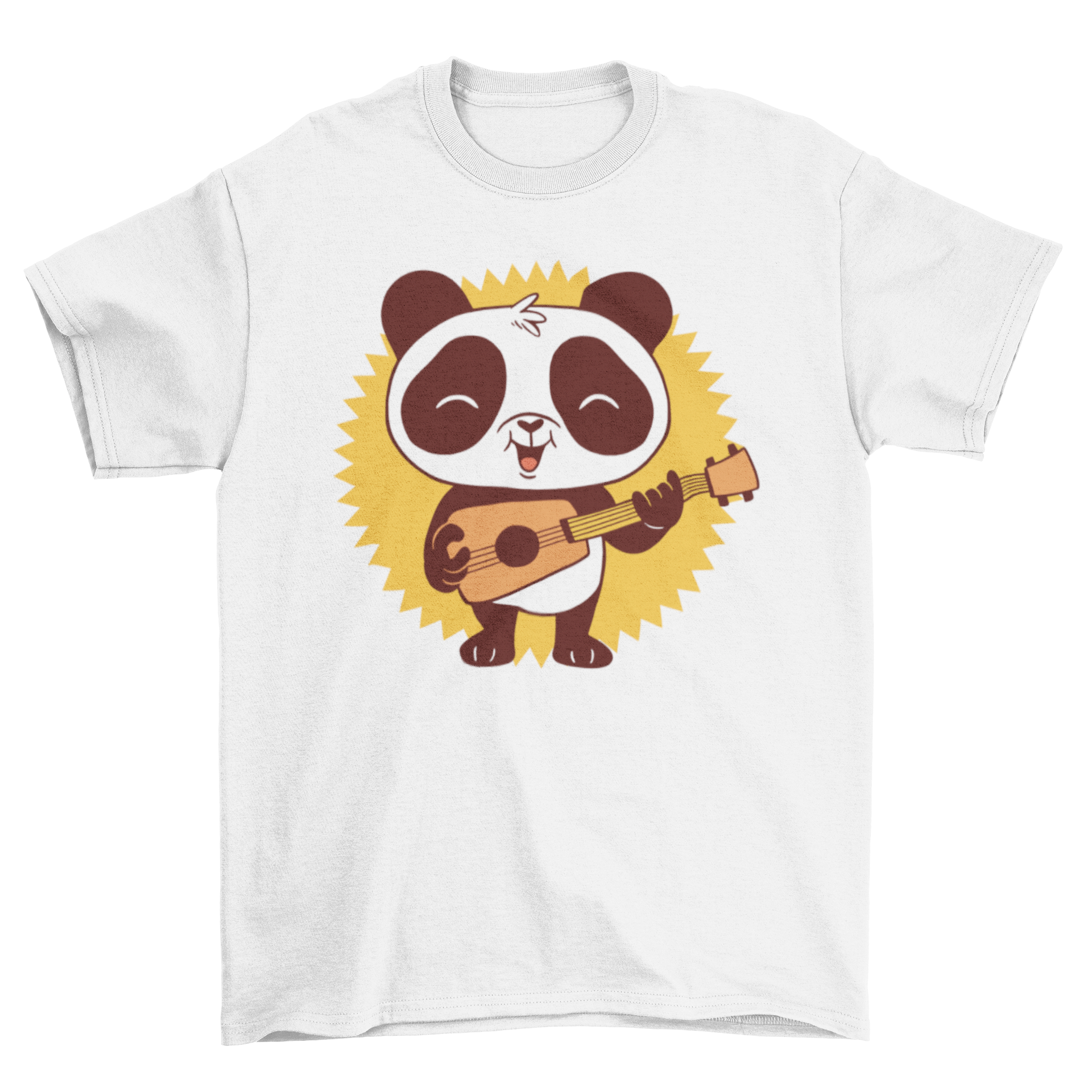 A cute baby panda playing guitar on a soft t-shirt, perfect for kids.