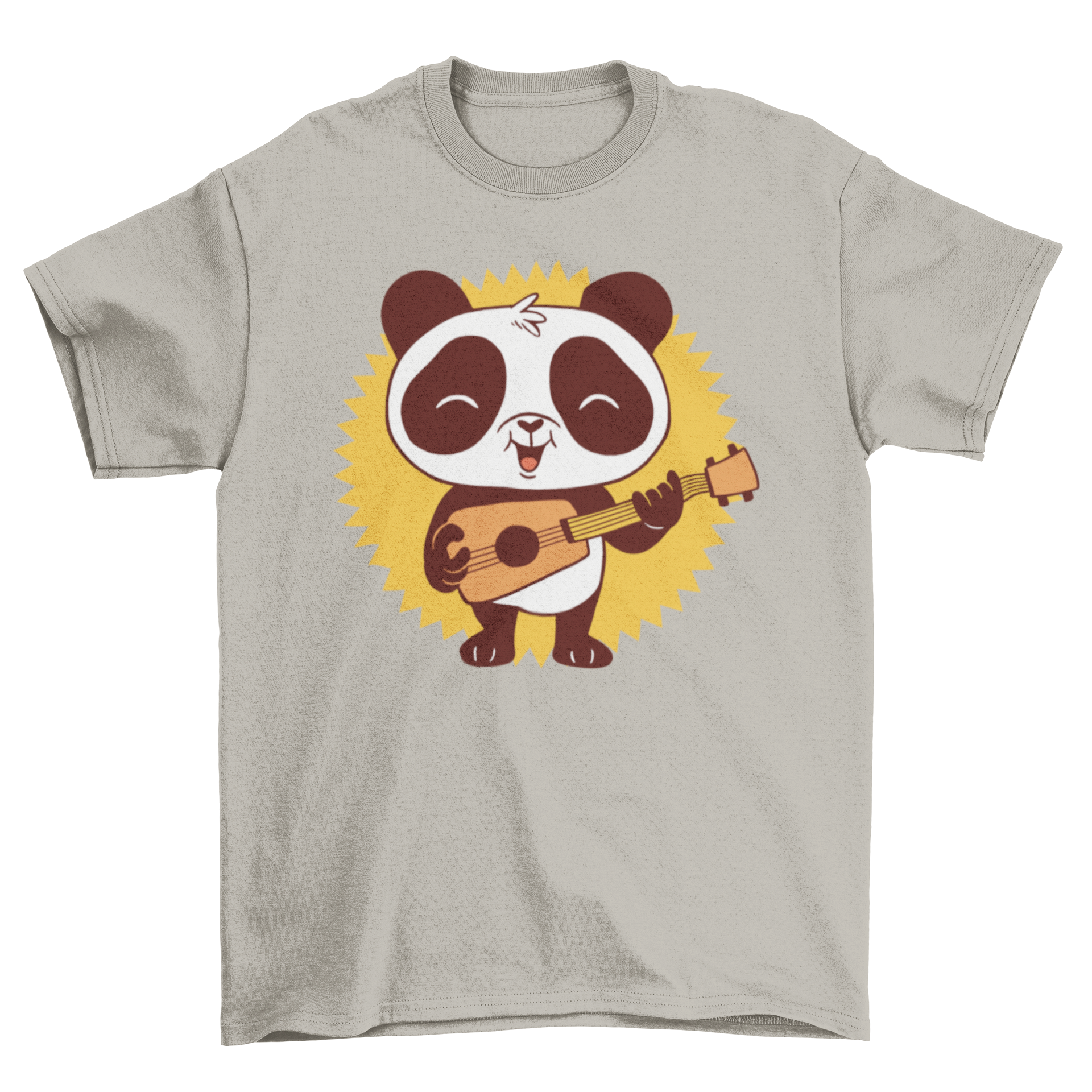 A cute baby panda playing guitar on a soft t-shirt, perfect for kids.