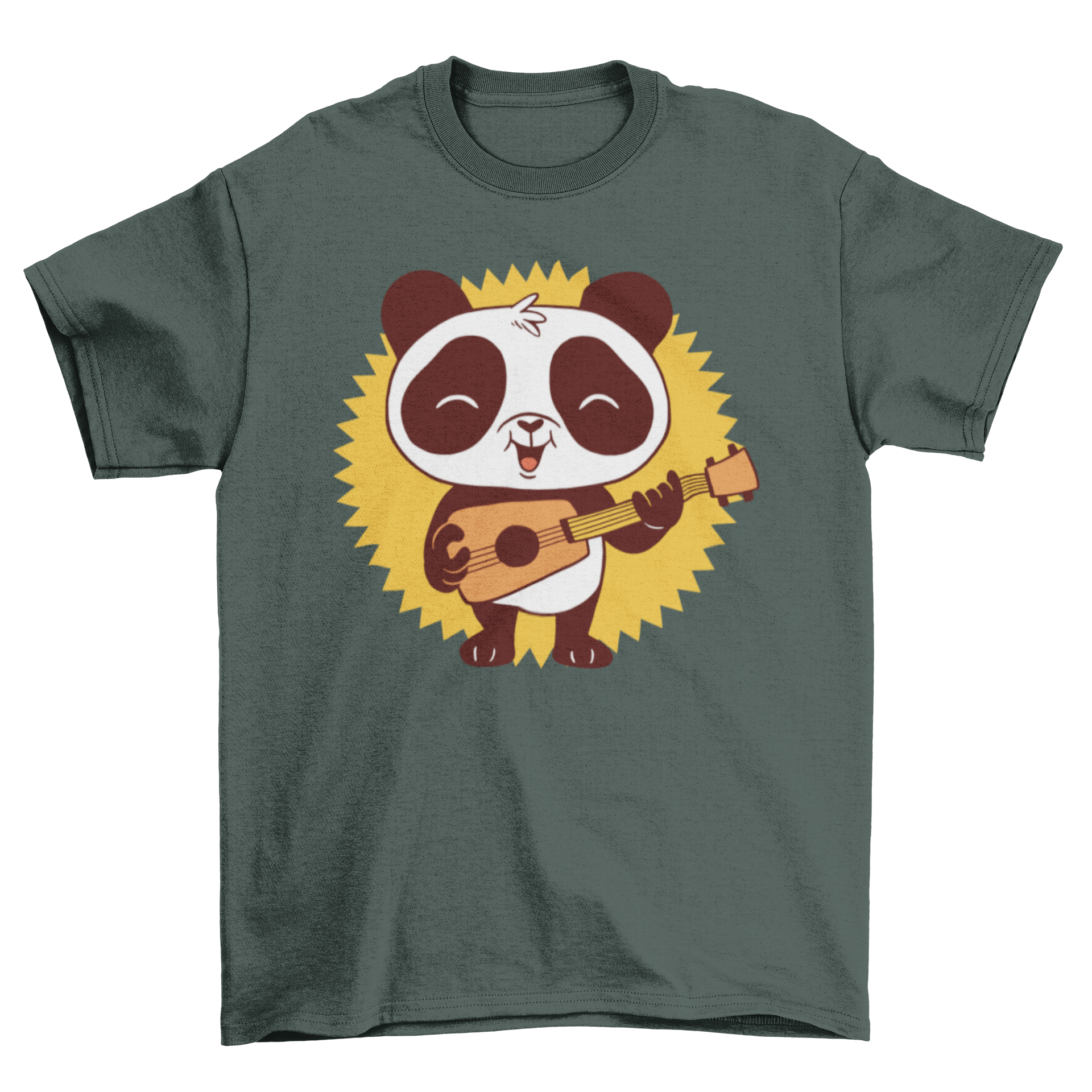 A cute baby panda playing guitar on a soft t-shirt, perfect for kids.