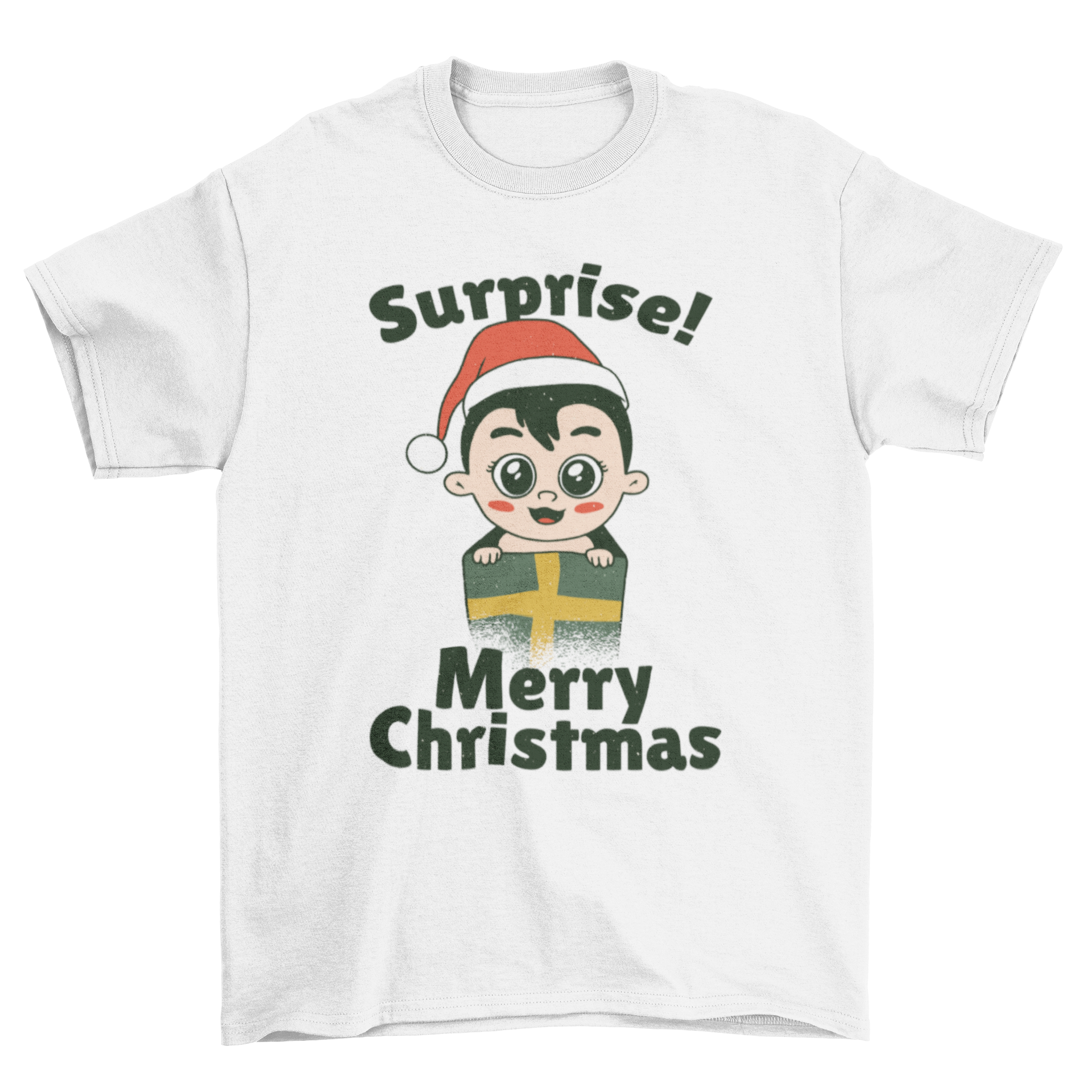 A cute baby present t-shirt featuring a baby in a gift box with the caption 'Surprise! Merry Christmas'.