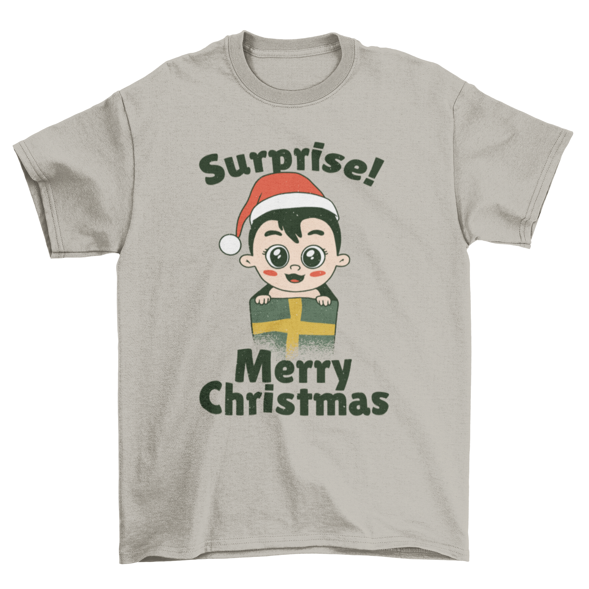 A cute baby present t-shirt featuring a baby in a gift box with the caption 'Surprise! Merry Christmas'.