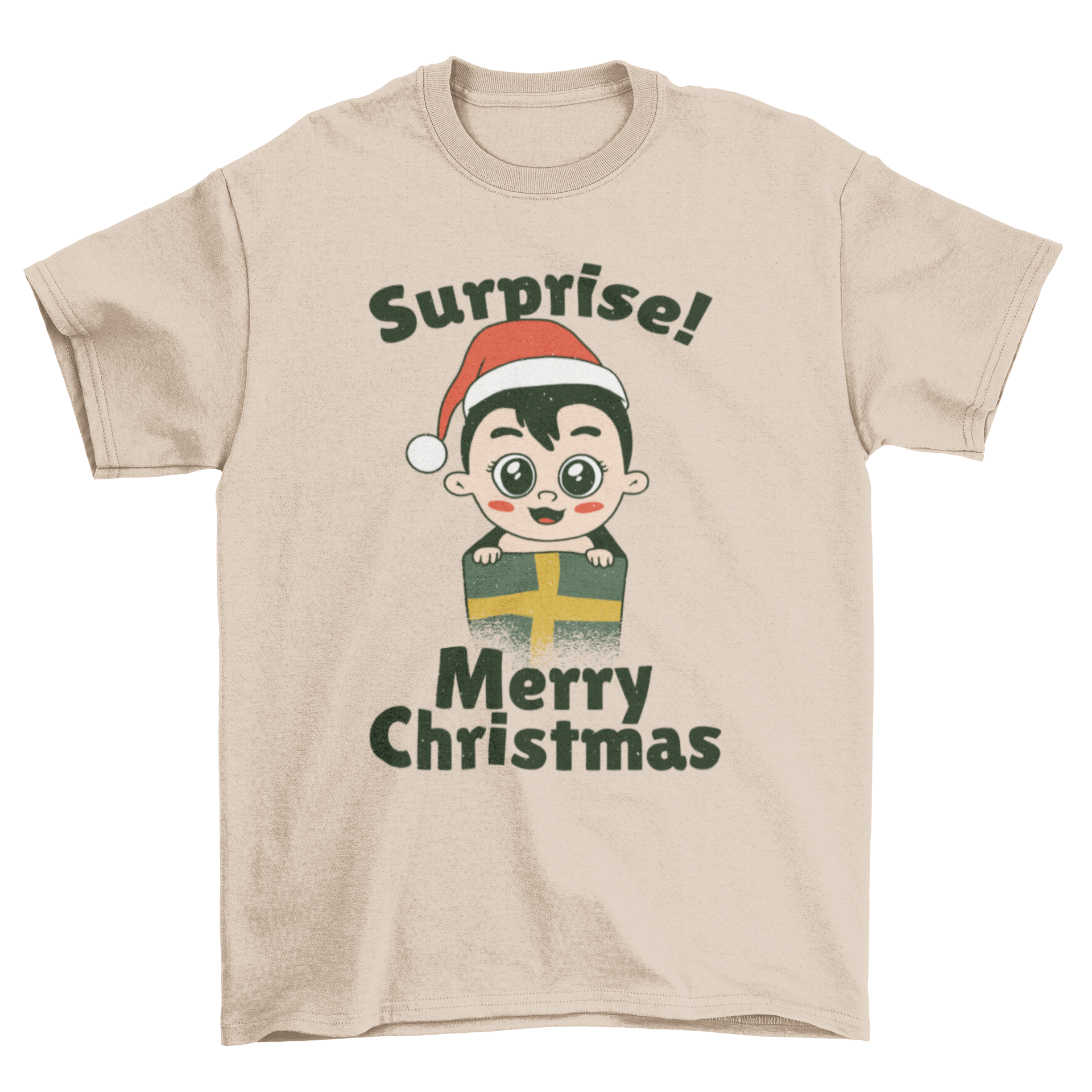 A cute baby present t-shirt featuring a baby in a gift box with the caption 'Surprise! Merry Christmas'.