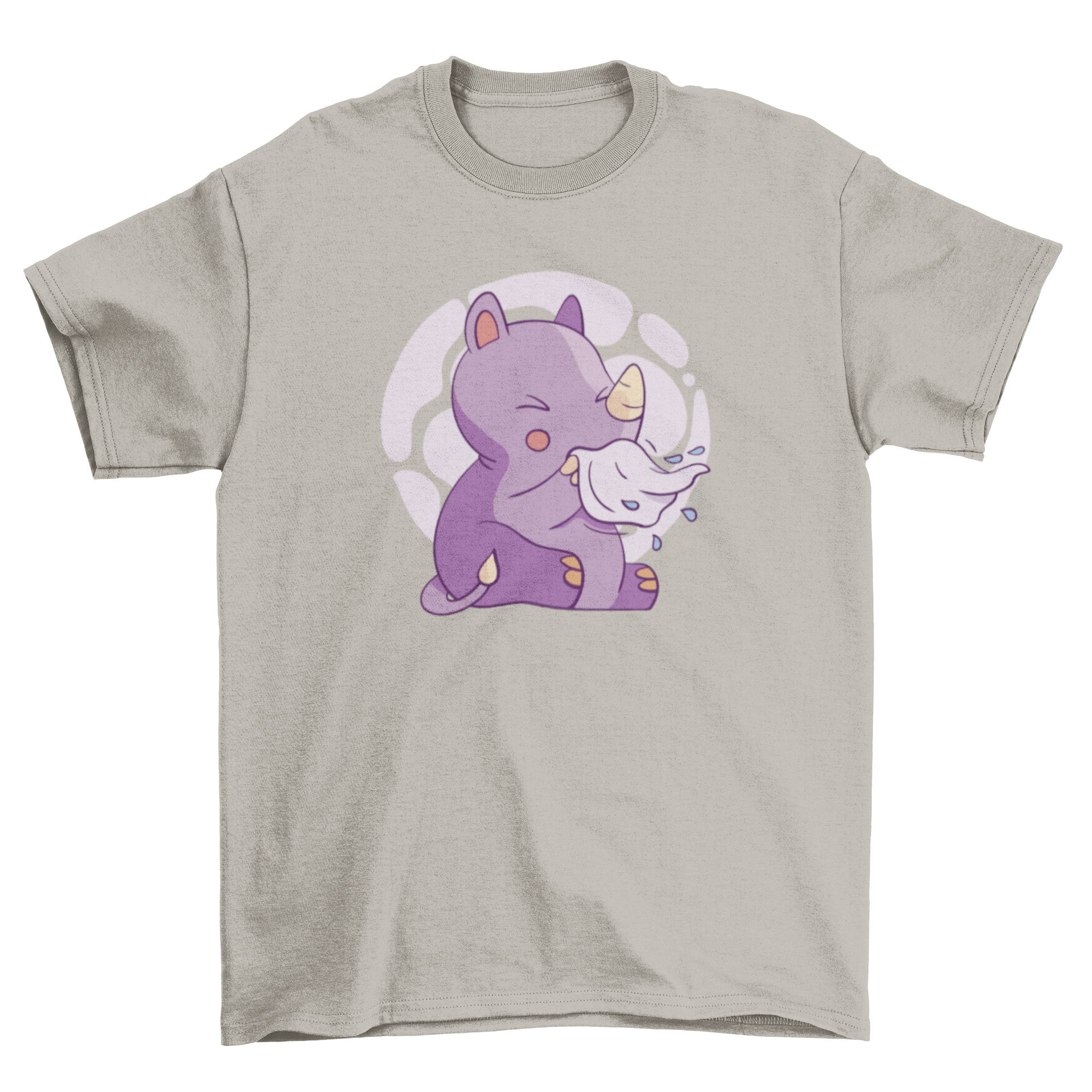 A cute t-shirt featuring a baby rhinoceros sneezing, perfect for kids.