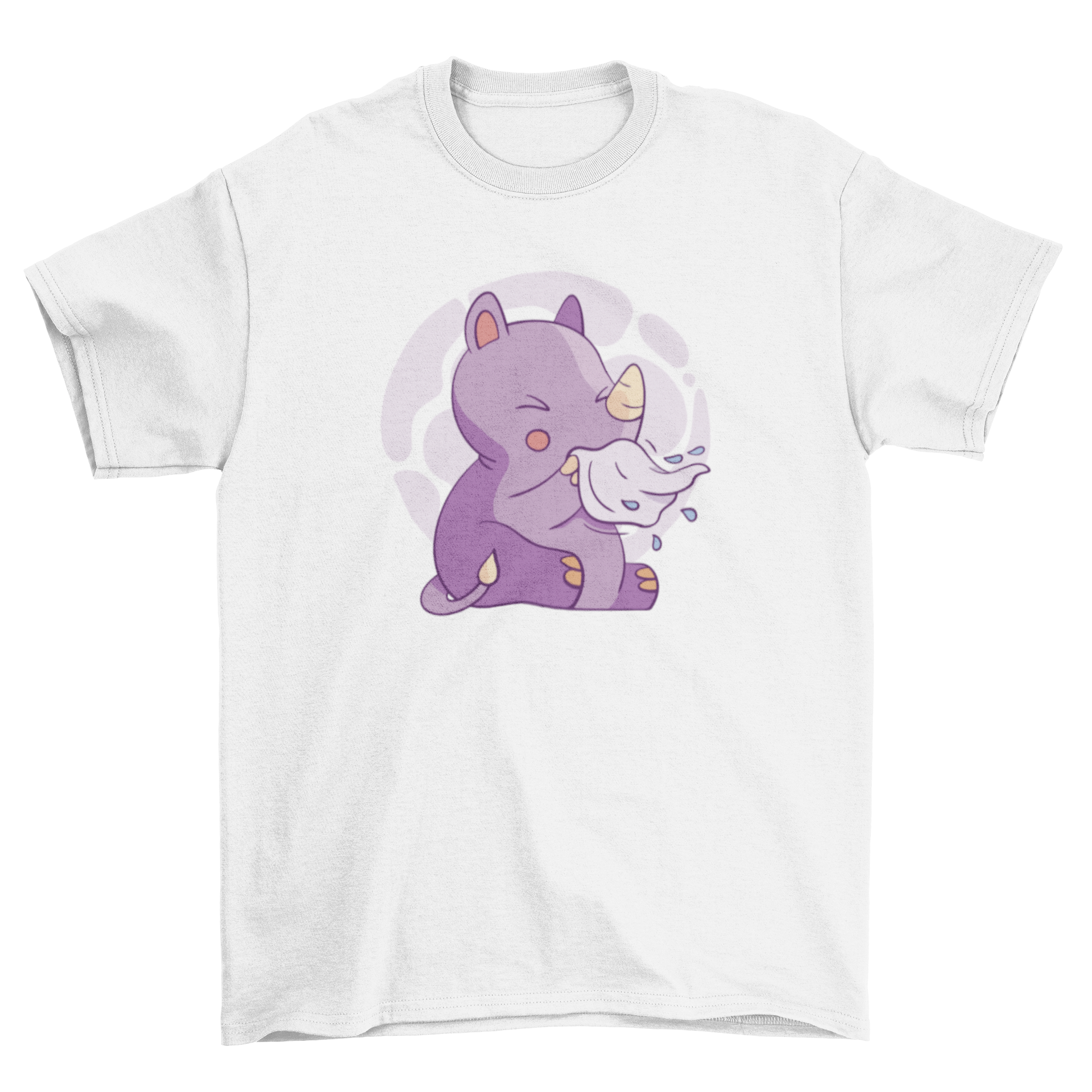 A cute t-shirt featuring a baby rhinoceros sneezing, perfect for kids.